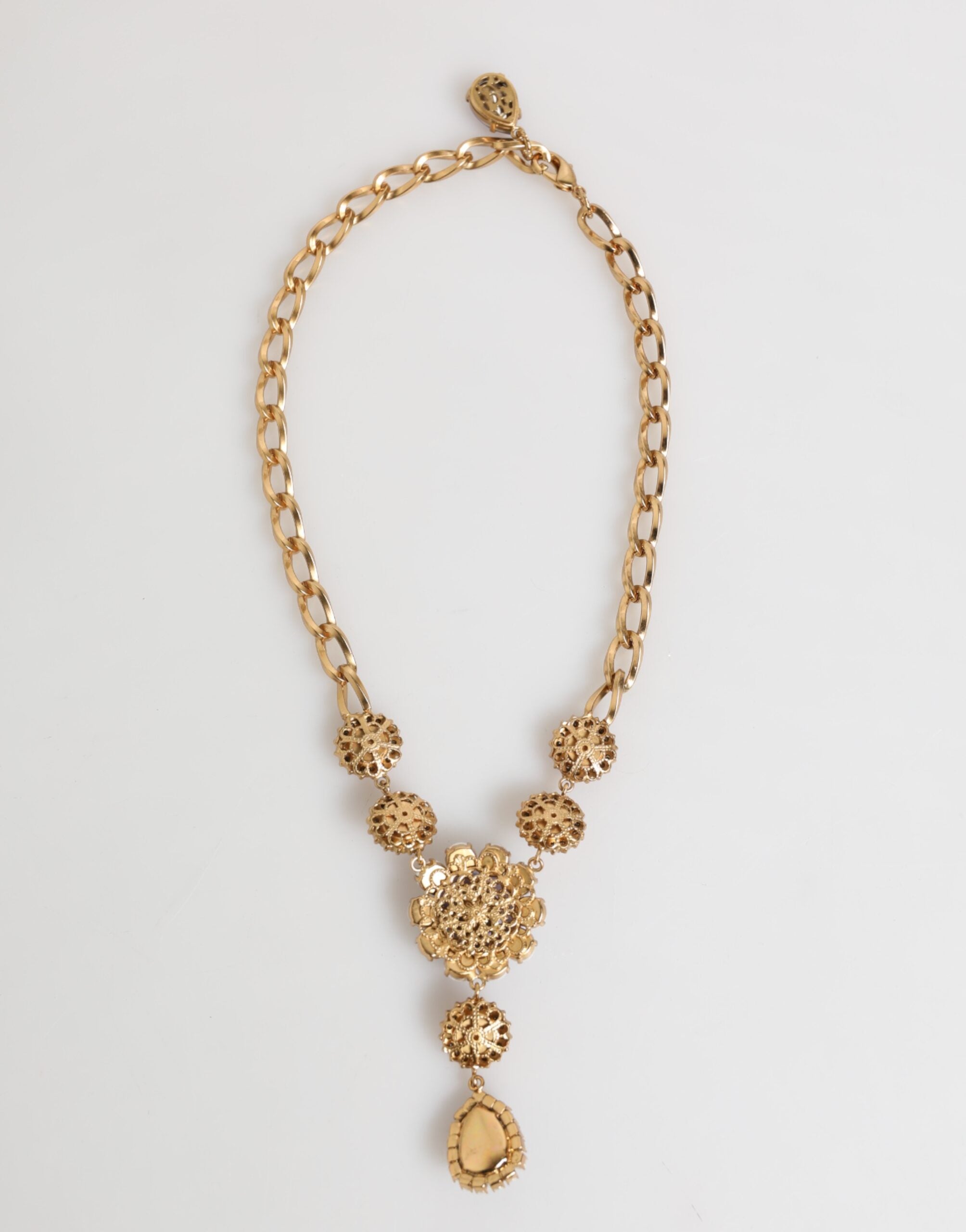 Dolce & Gabbana Gold Brass Crystal Pearl Purple Floral Pendant Jewelry Necklace