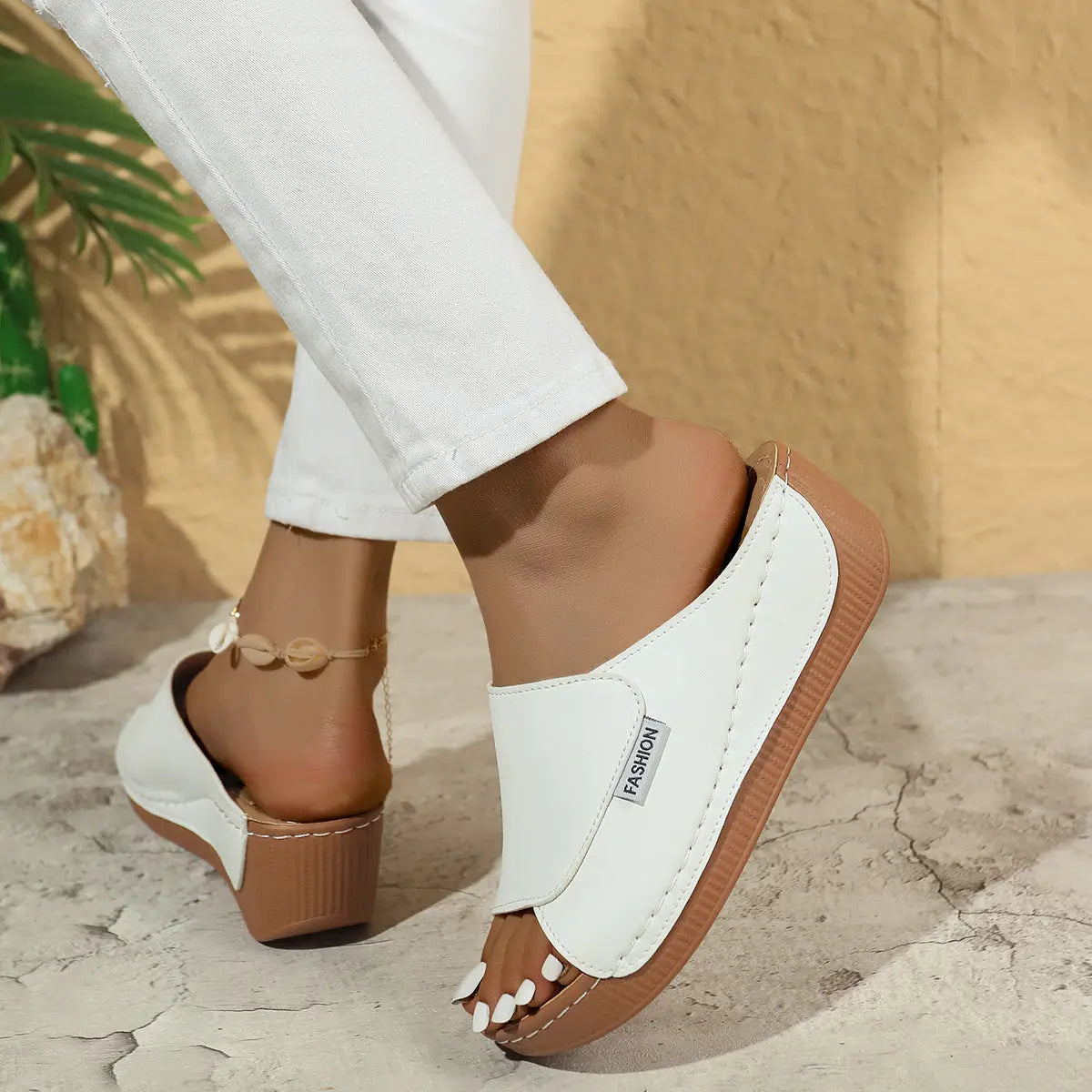 Summer Wedge Slides Slippers Fashion Fish Mouth Thick Bottom Roman Shoes Solid Color Beach Sandals For Women - MaraFormigone