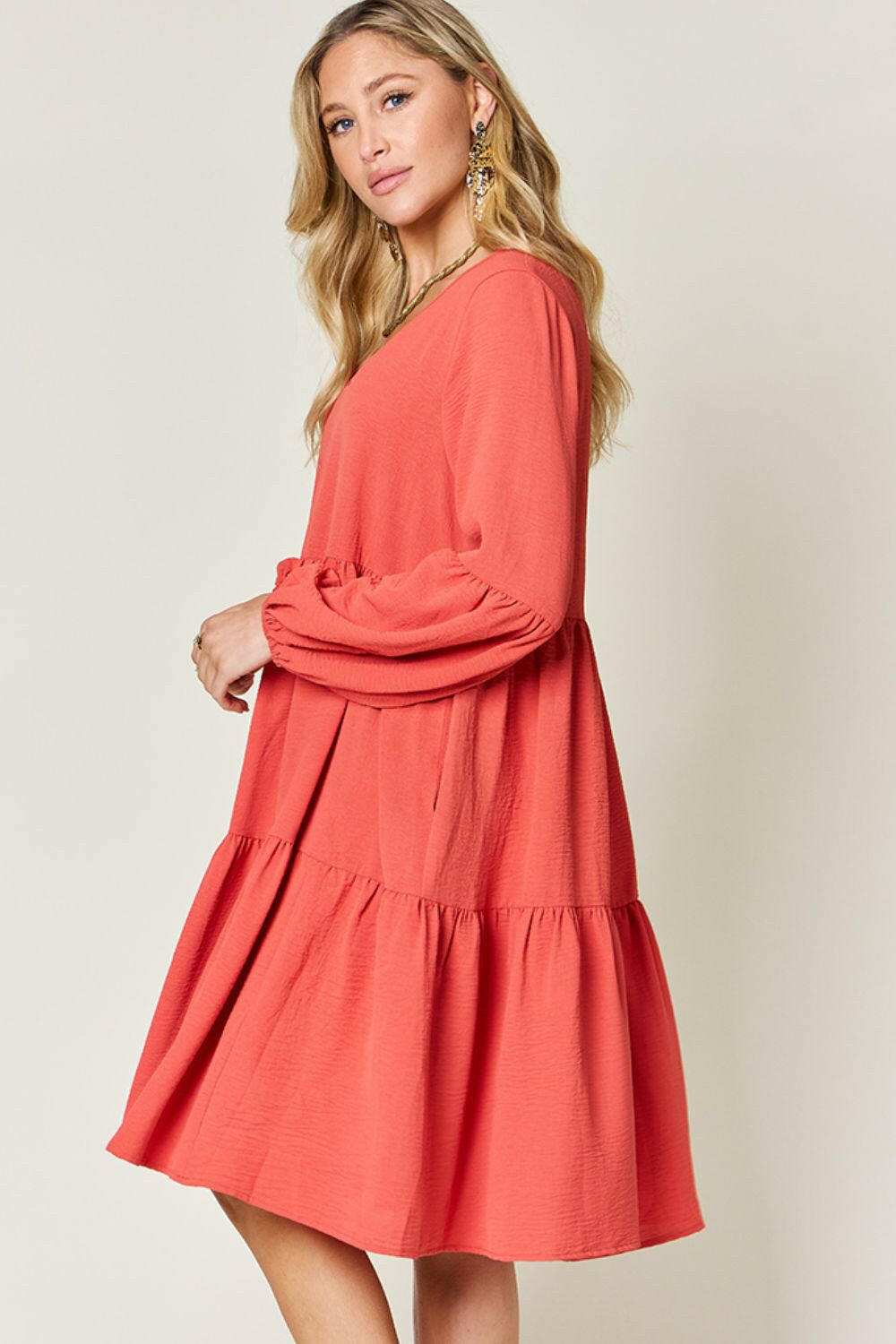 Double Take Full Size V-Neck Balloon Sleeve Tiered Dress.