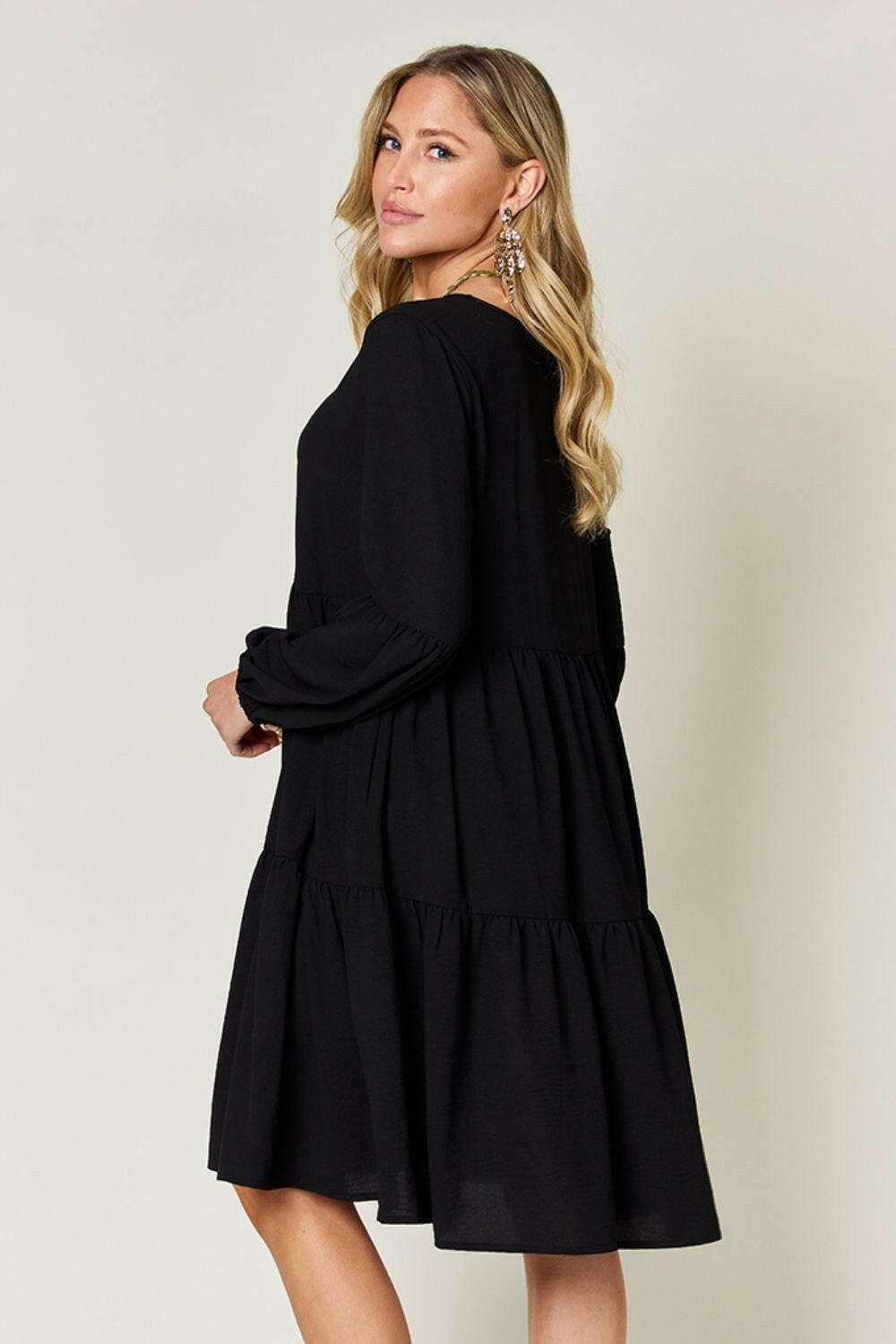 Double Take Full Size V-Neck Balloon Sleeve Tiered Dress.