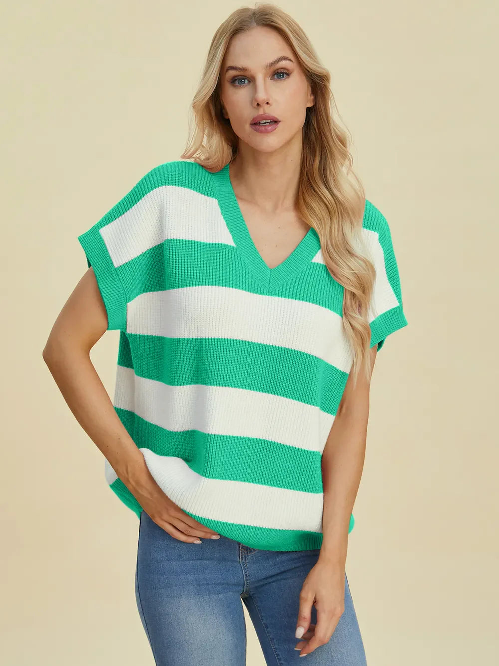 Double Take Full Size Striped V-Neck Short Sleeve Sweater - MaraFormigone