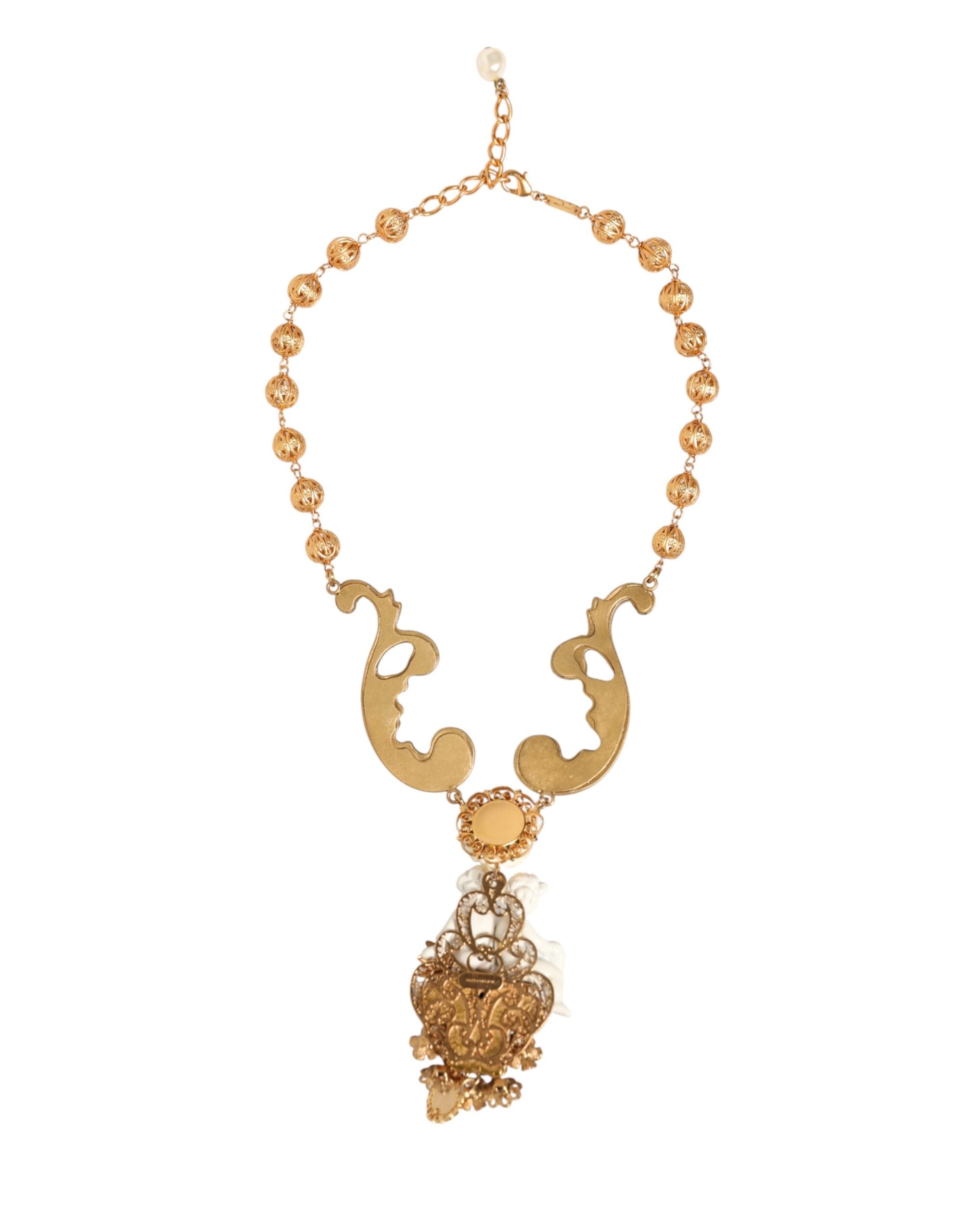 Dolce & Gabbana Gold Ceramic Crystal Cherub Baroque Pendant Necklace