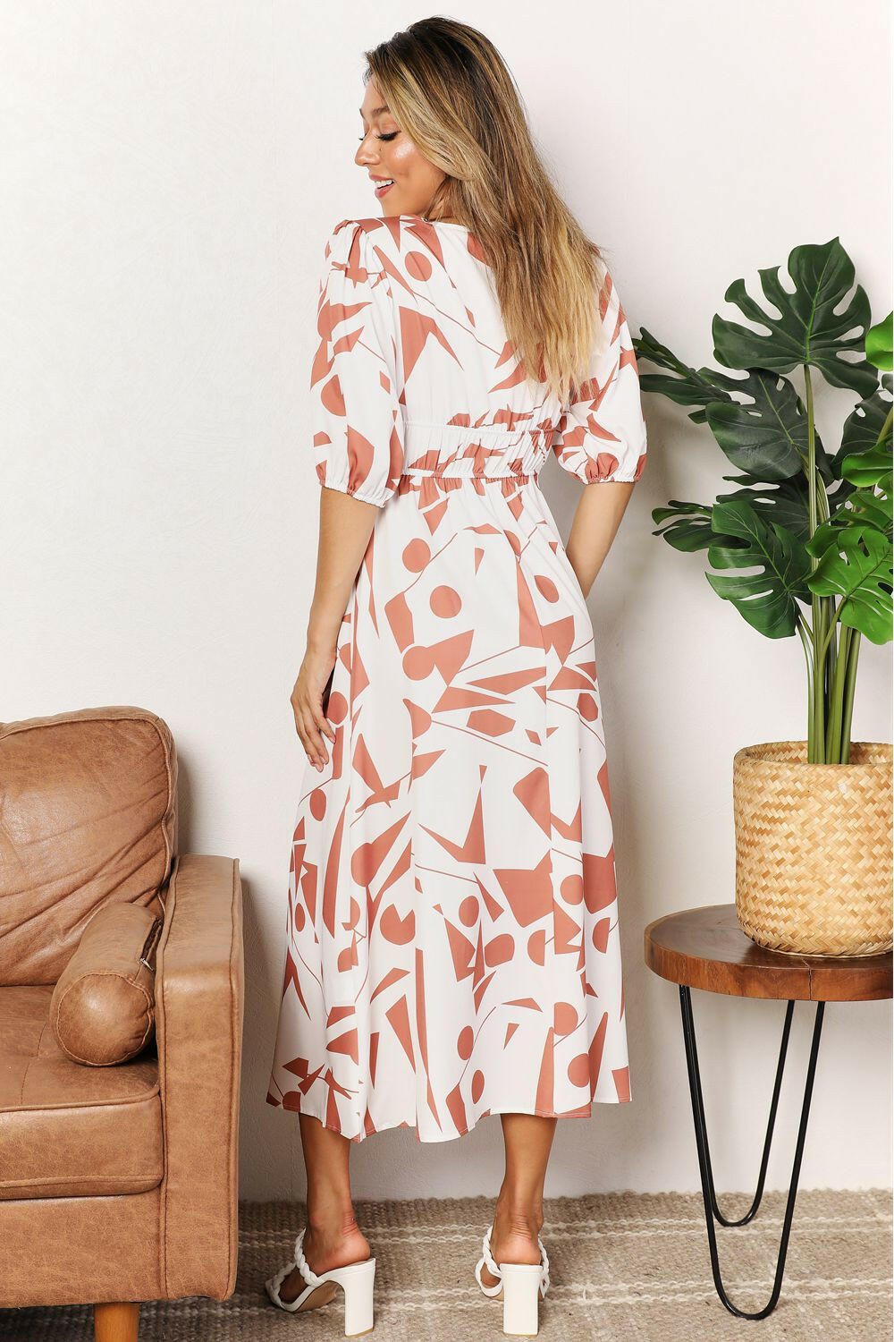Double Take Printed Surplice Balloon Sleeve Dress.