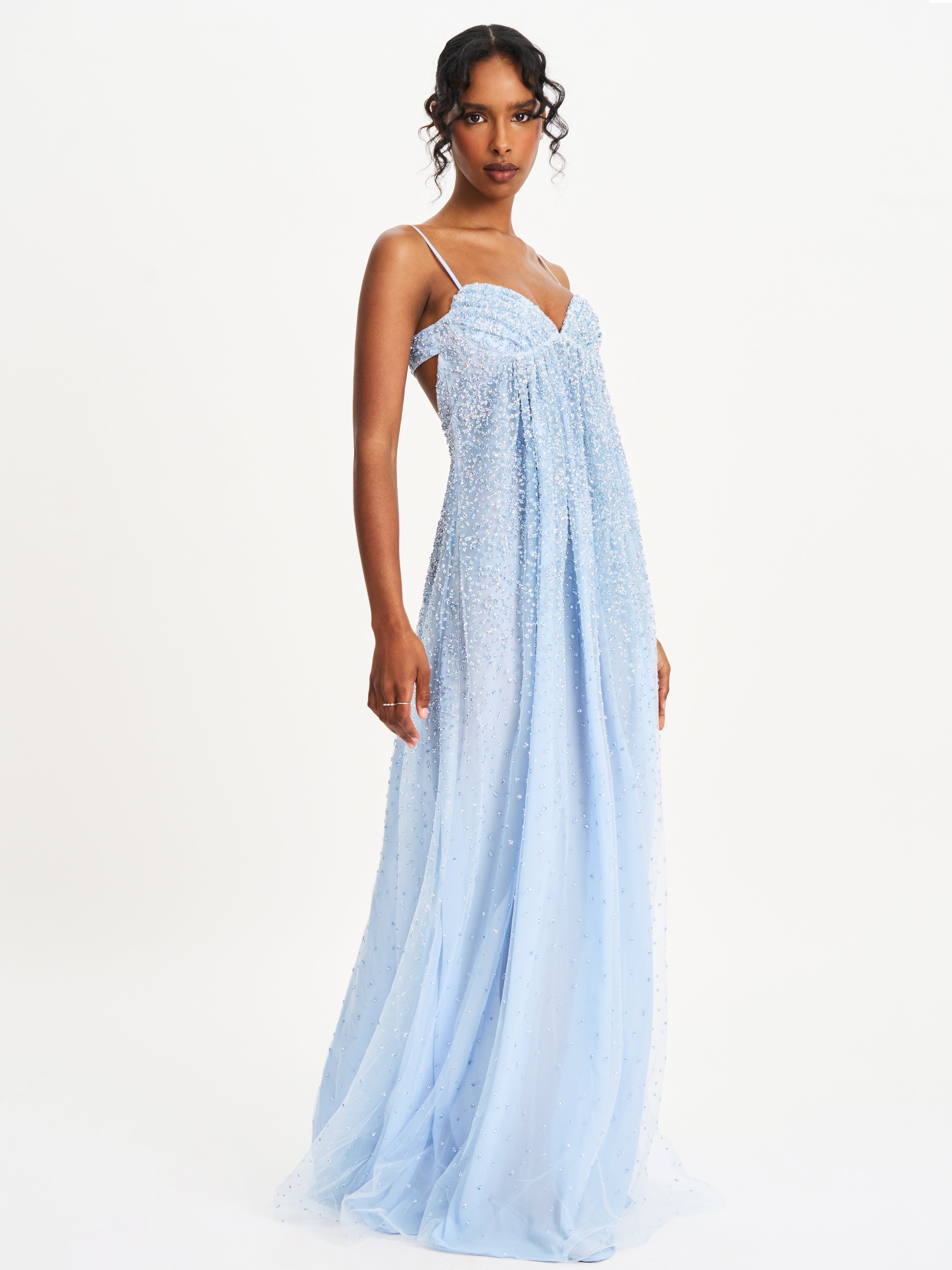 Wallie Baby Blue Rhinestone Embellished Mesh Backless Gown