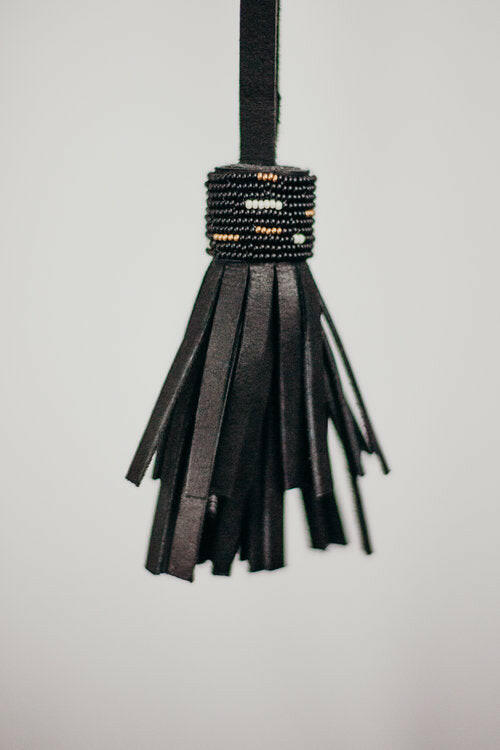 Beaded Leather Tassel Fob.