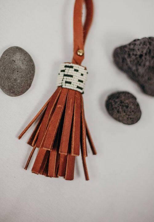 Beaded Leather Tassel Fob.