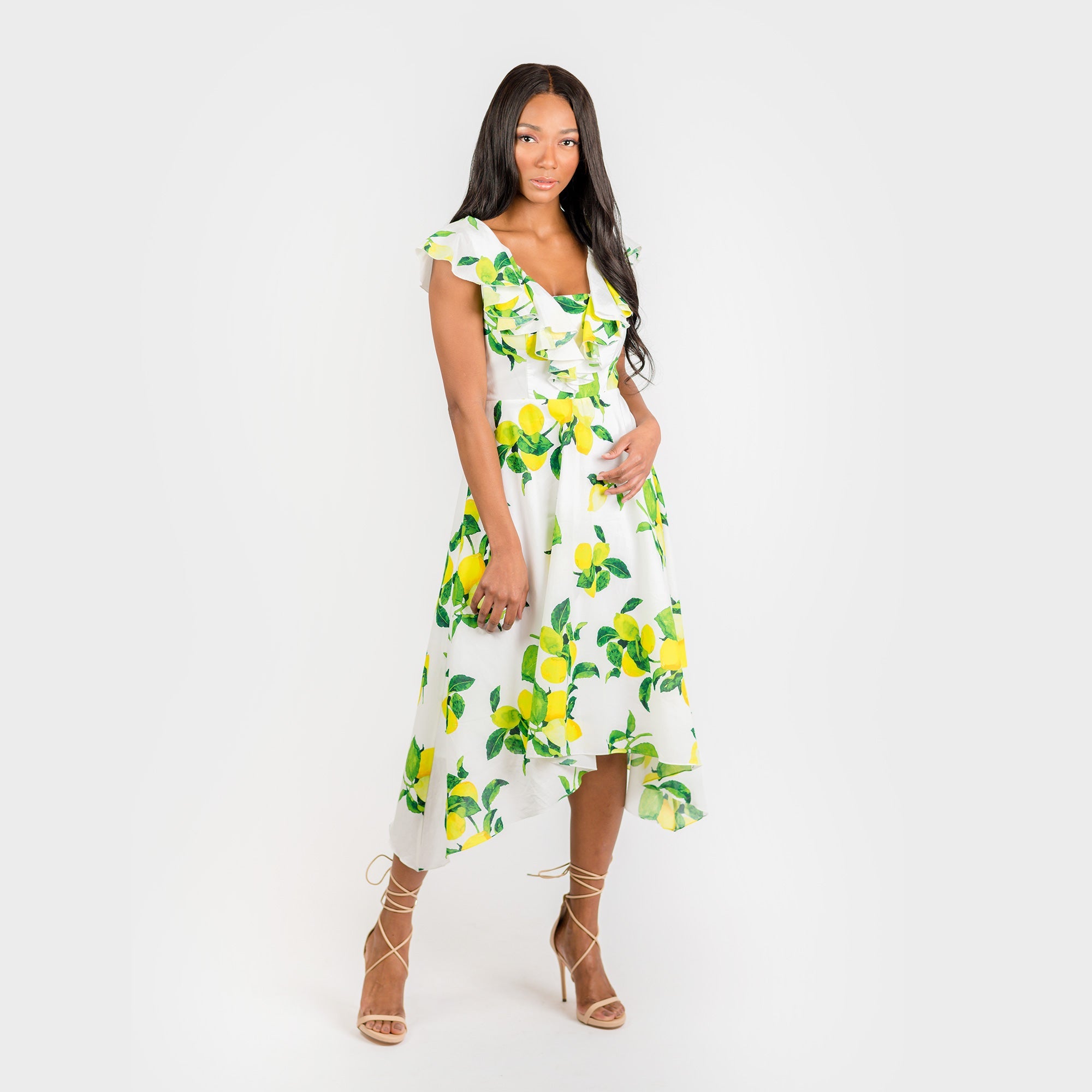 CN7177 Ruffled Nkline Sharkbite Hem Dress - MaraFormigone