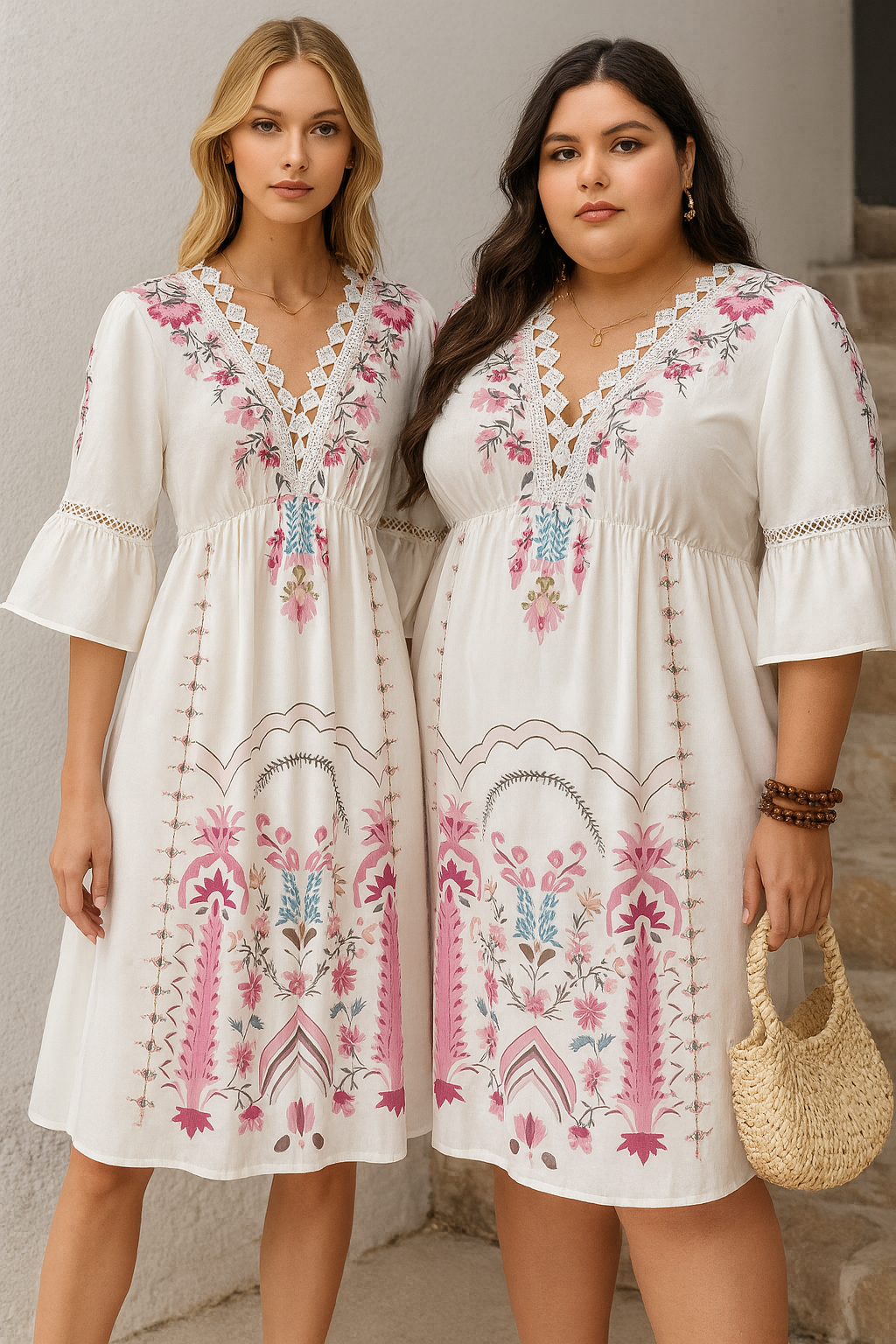 Lace Detail Printed Three-Quarter Sleeve Dress Trendsi