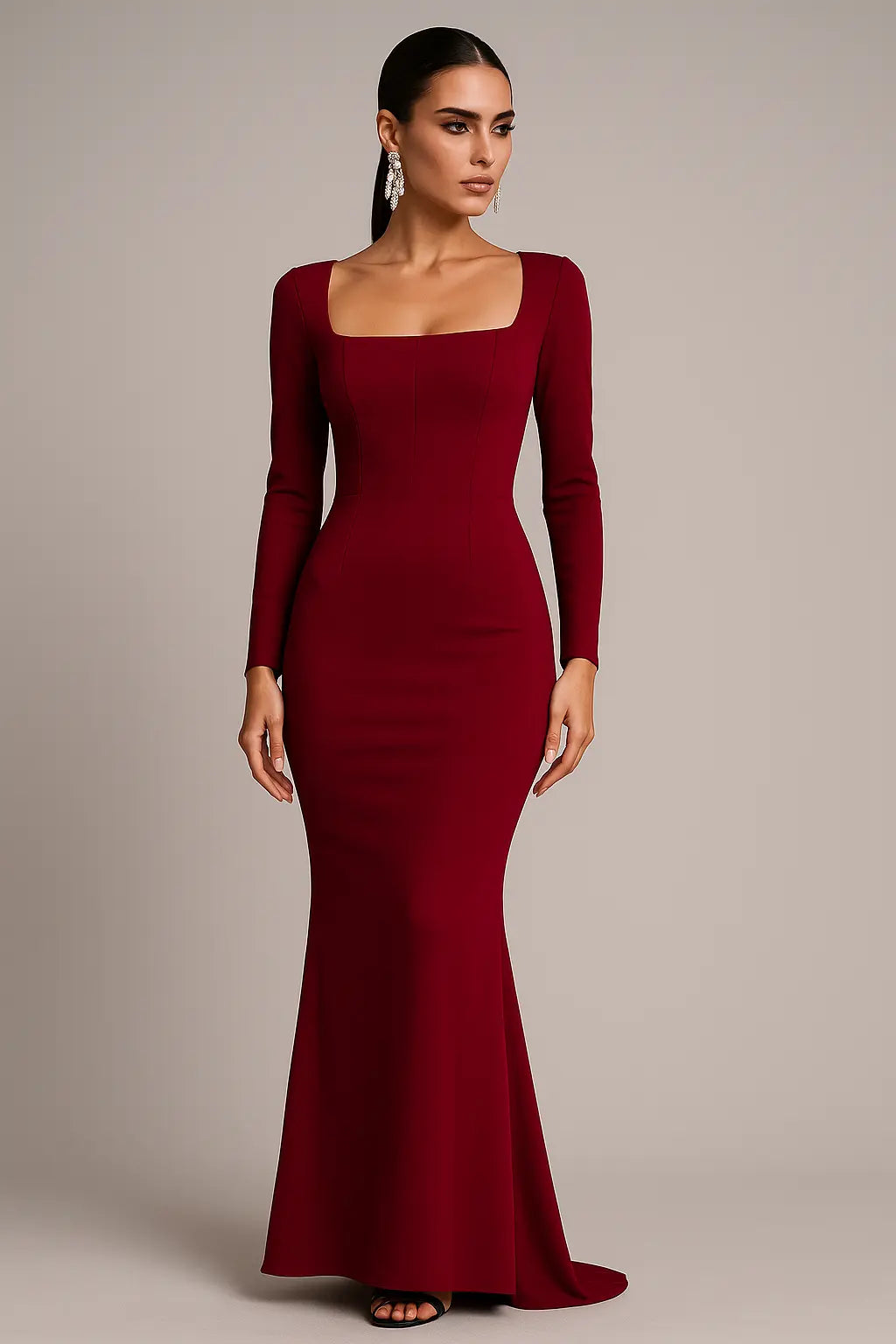 Bordeaux Éternel Square Neck Long Sleeve Dress Trendsi