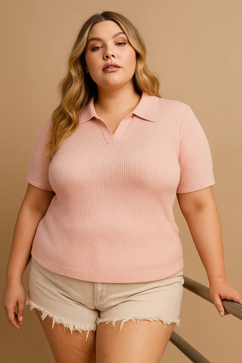 BiBi Short Sleeve Collared Knit Top Trendsi