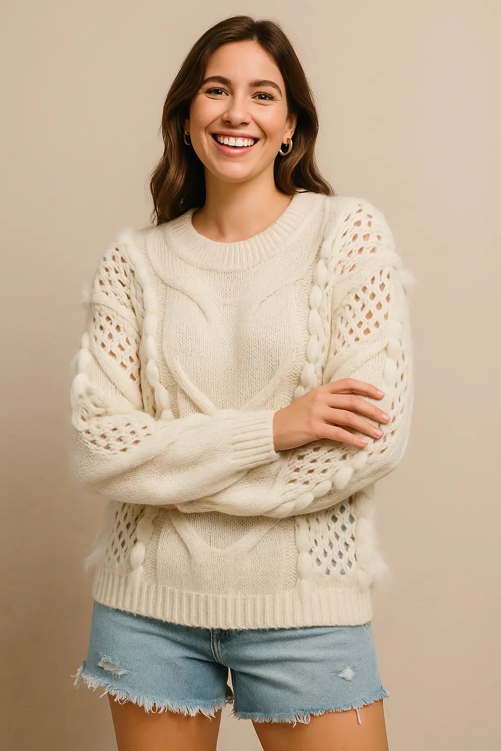 BiBi Faux Fur Detailed Pointelle Cable Knit Sweater - MaraFormigone