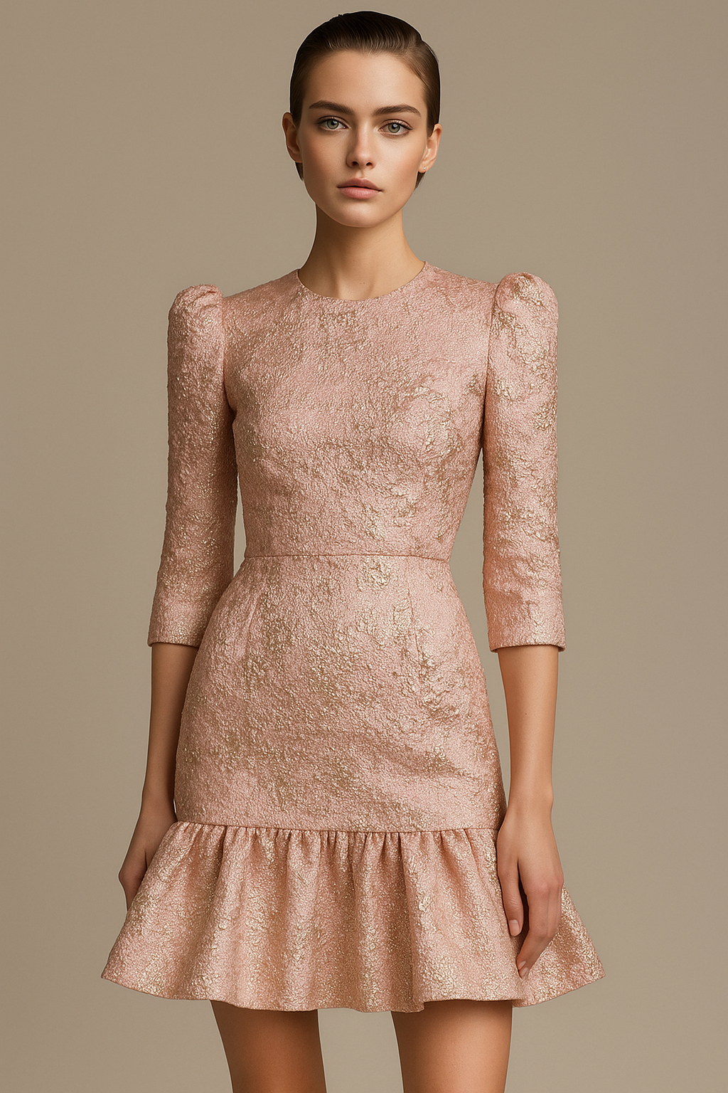 Dolce & Gabbana Pink Jaquard 3/4 Sleeve Sheath Midi Dress