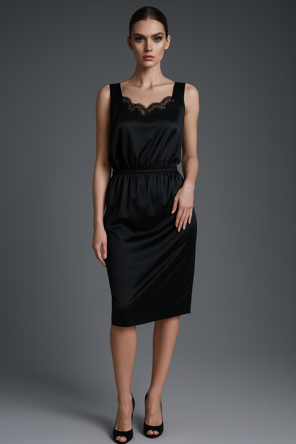 Dolce & Gabbana Black Polyester Lace Trim Sheath Midi Dress.