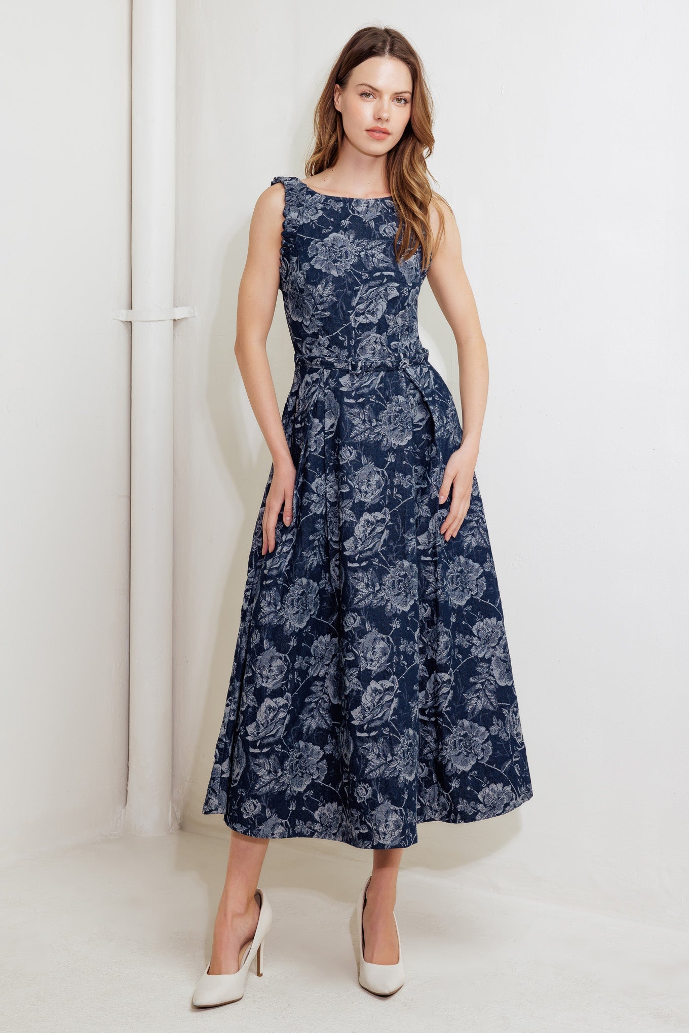 DUSK ROSE WOVEN DENIM MIDI DRESS - MaraFormigone