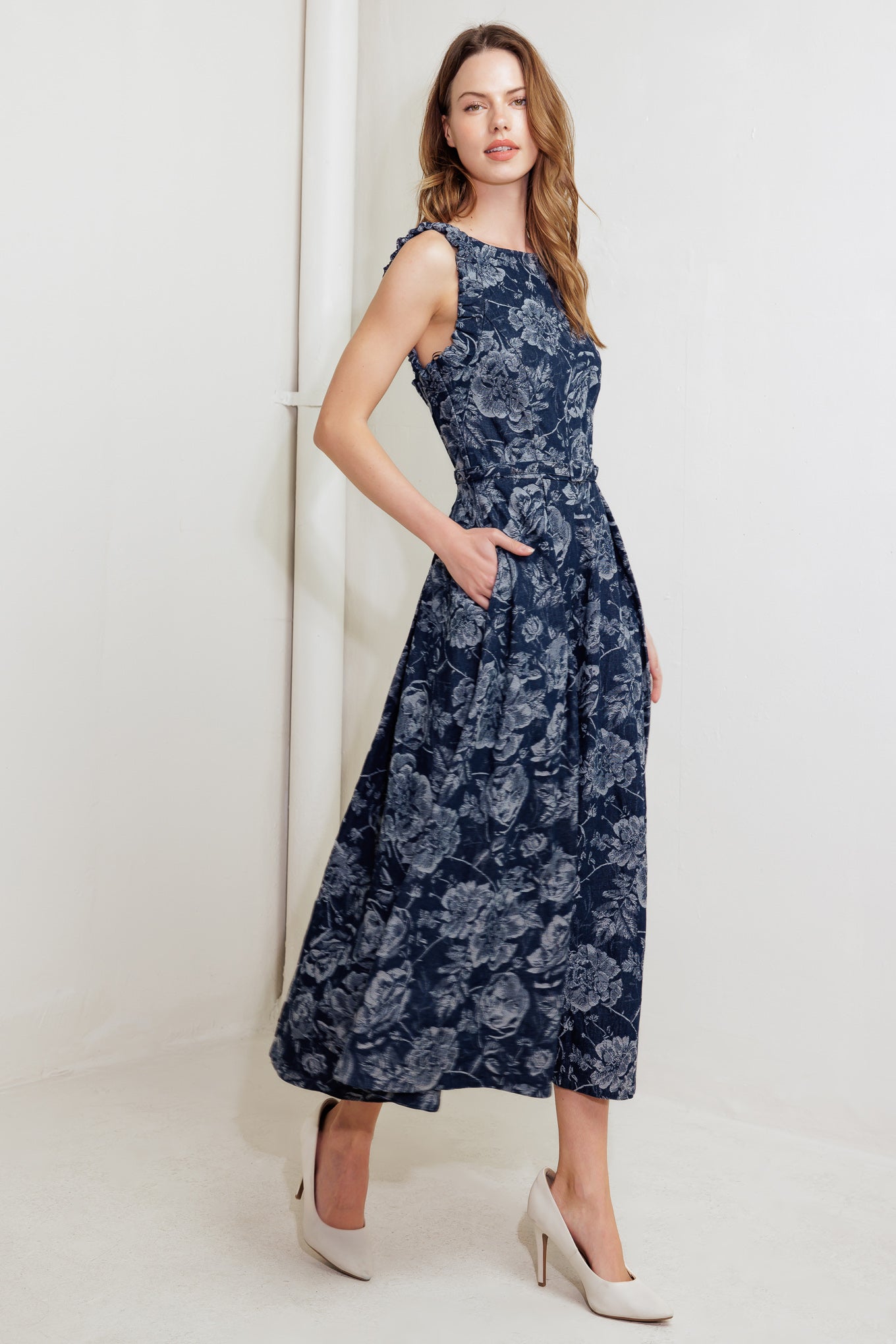 DUSK ROSE WOVEN DENIM MIDI DRESS - MaraFormigone