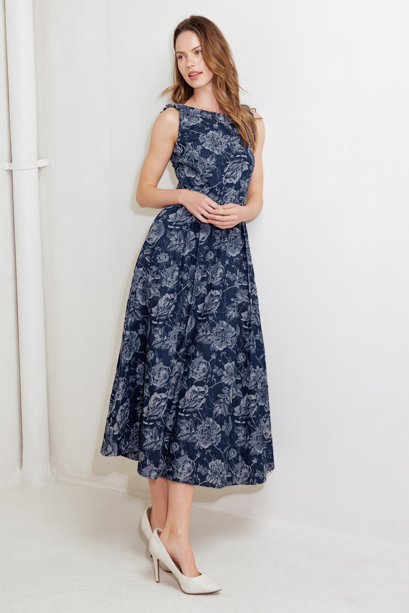 DUSK ROSE WOVEN DENIM MIDI DRESS - MaraFormigone