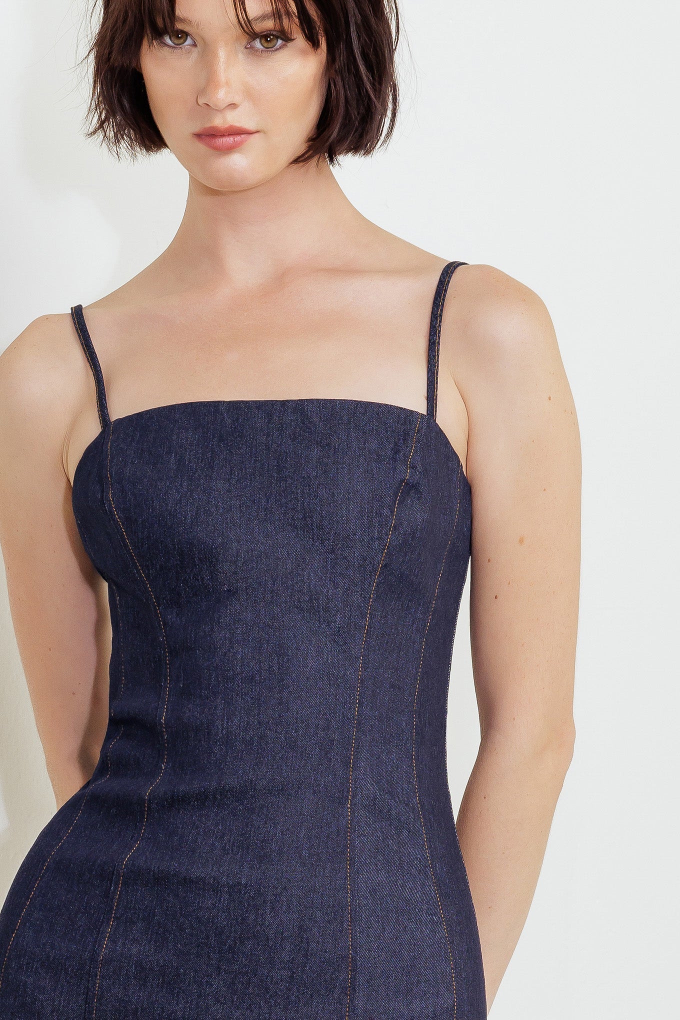 QUIET CURVE DARK DENIM MIDI DRESS - MaraFormigone