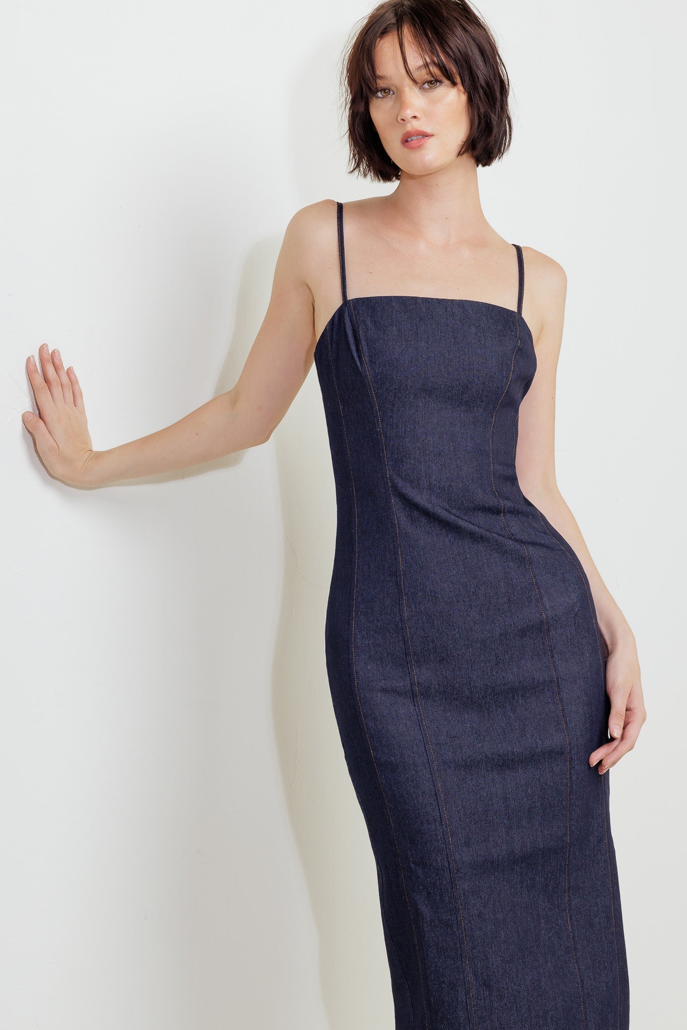 QUIET CURVE DARK DENIM MIDI DRESS - MaraFormigone