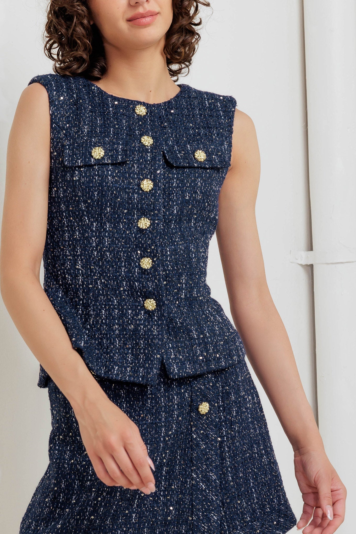 PARISIAN TWEED NAVY WOVEN TWEED VEST - MaraFormigone