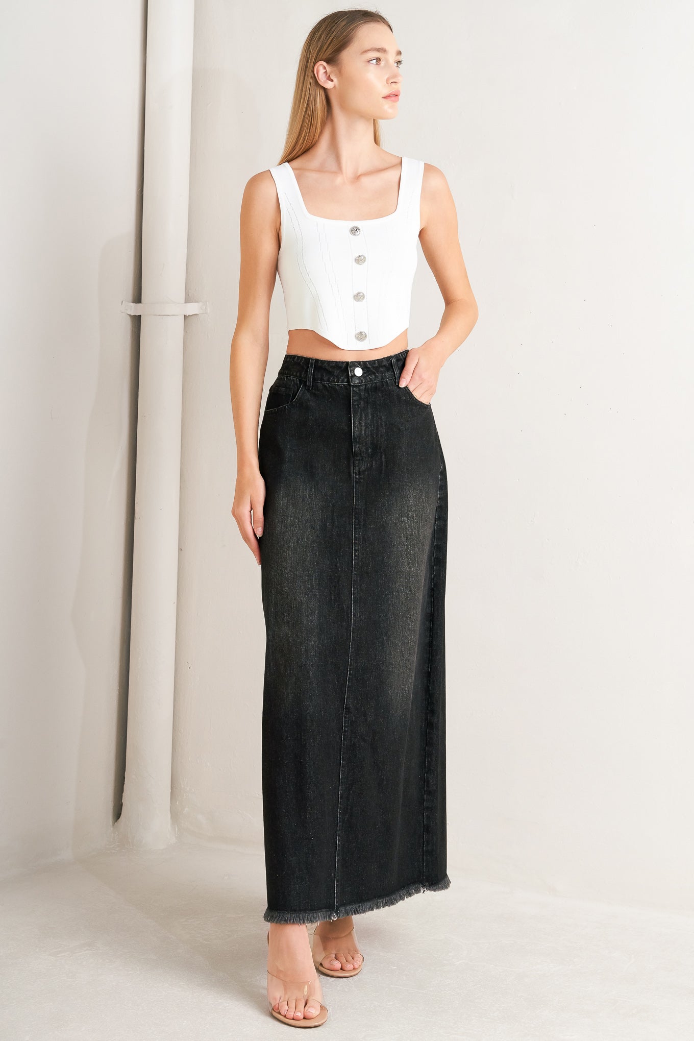 FALDA MIDI DE MEZCLILLA "HABLA DE BELLEZA"