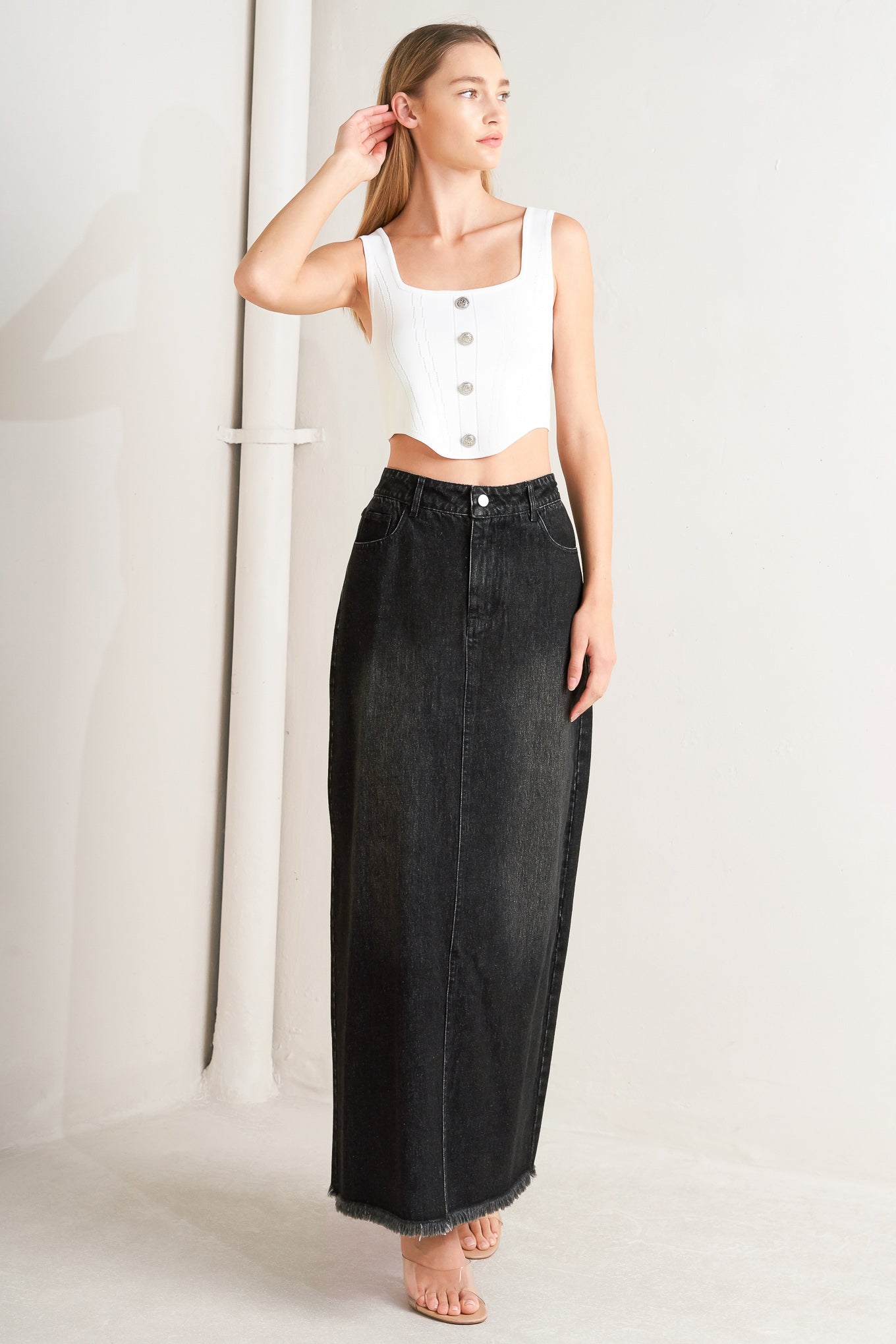 FALDA MIDI DE MEZCLILLA "HABLA DE BELLEZA"