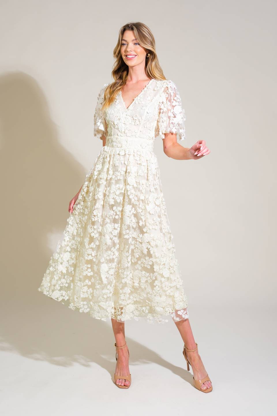 DREAMY BLOSSOM WOVEN LACE MIDI DRESS