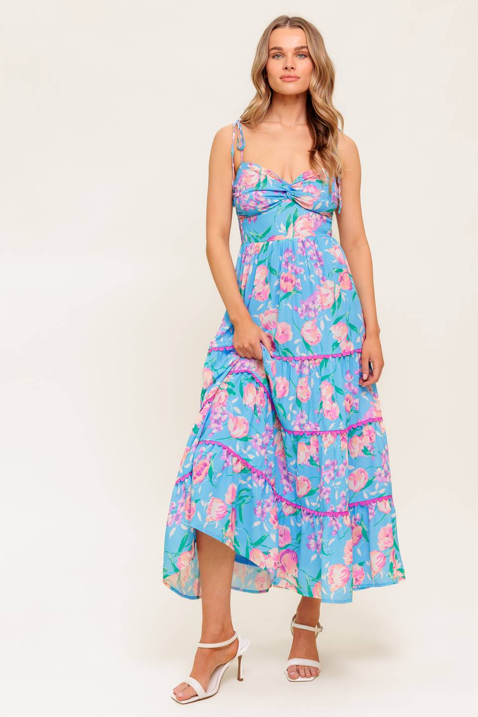 SOFT BLOOM BLUE WOVEN MIDI DRESS - MaraFormigone