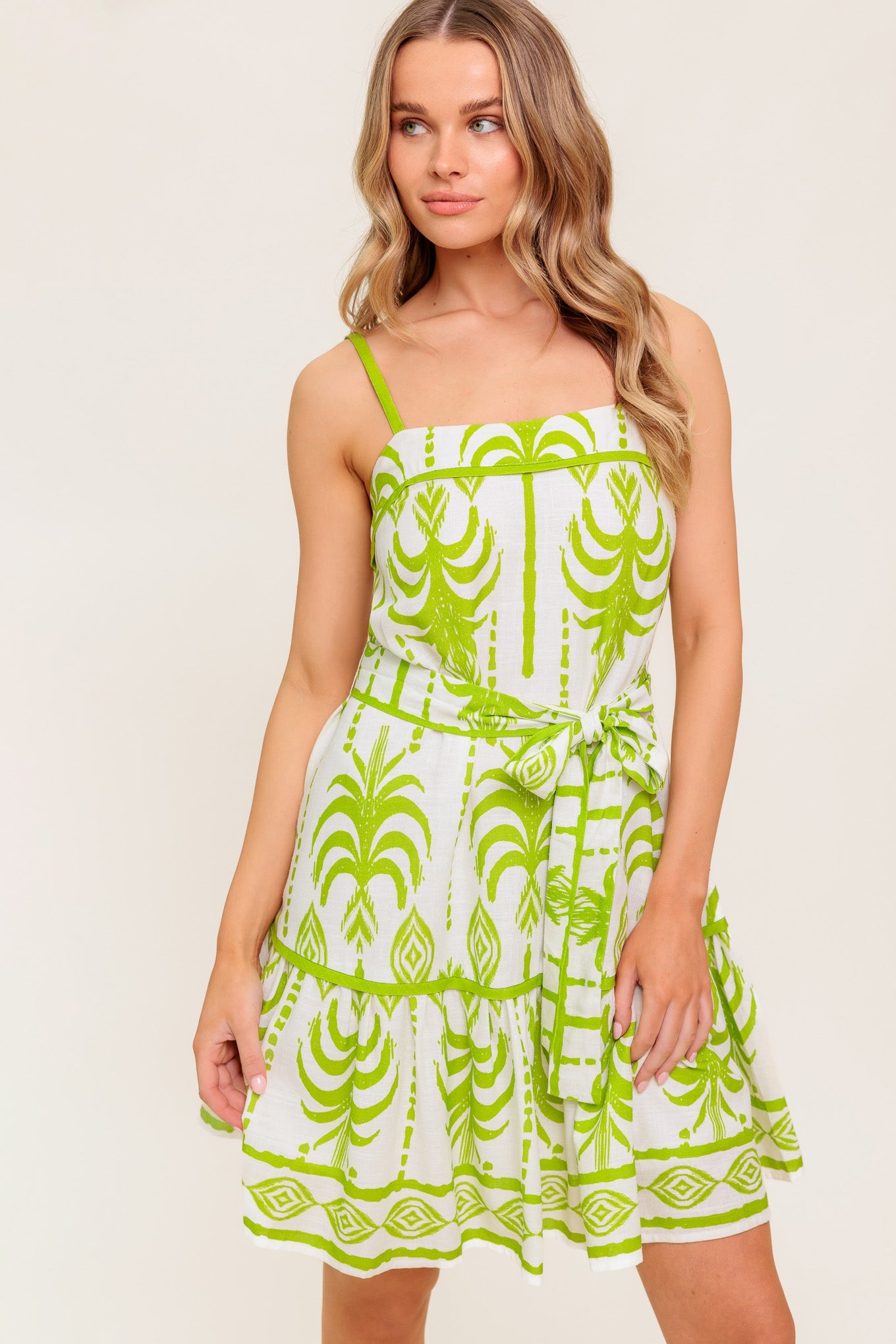 SUNDOWN CHARM GREEN WOVEN MINI DRESS - MaraFormigone