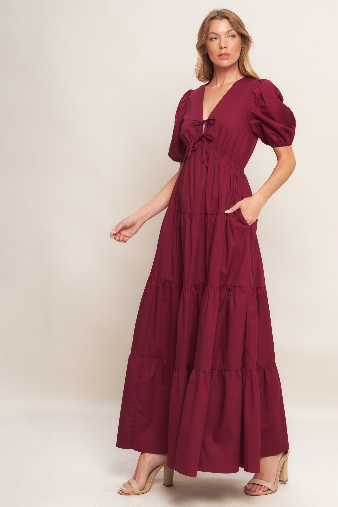 SUMMER GLOW BURGUNDY WOVEN MAXI DRESS - MaraFormigone