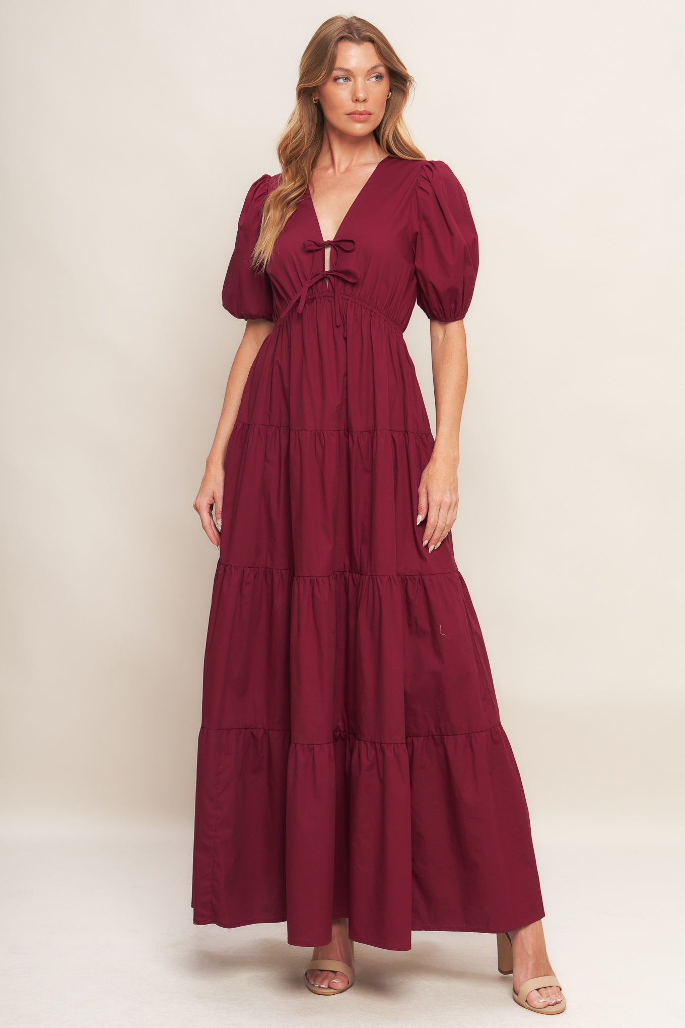 SUMMER GLOW BURGUNDY WOVEN MAXI DRESS - MaraFormigone