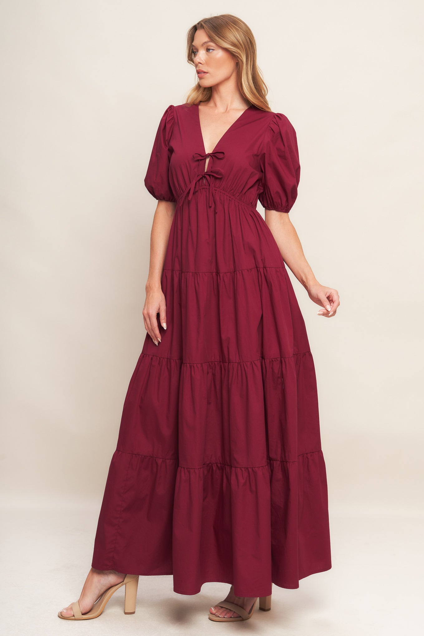 SUMMER GLOW BURGUNDY WOVEN MAXI DRESS - MaraFormigone