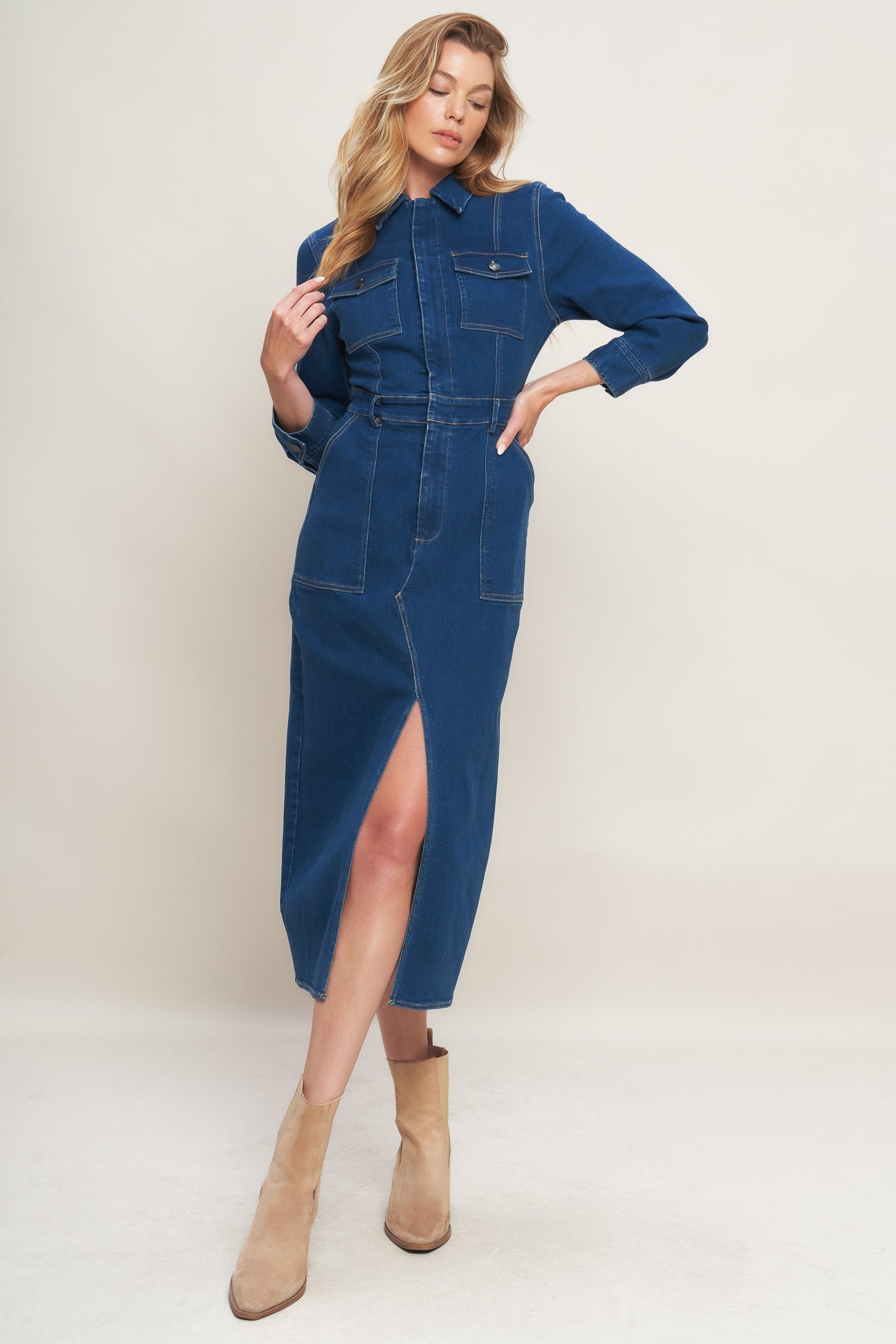 MIDNIGHT DARK INDIGO DENIM MIDI DRESS - MaraFormigone