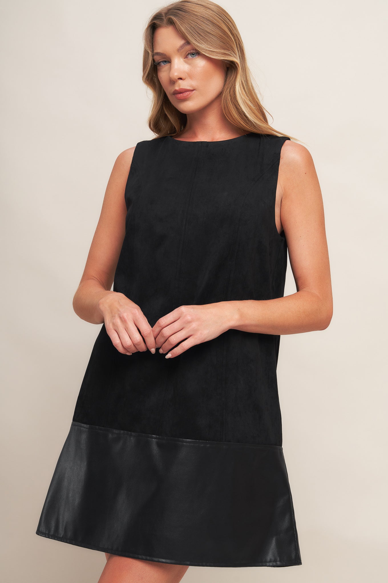 CITY SLEEK  FAUX SUEDE AND LEATHER SHIFT DRESS - MaraFormigone