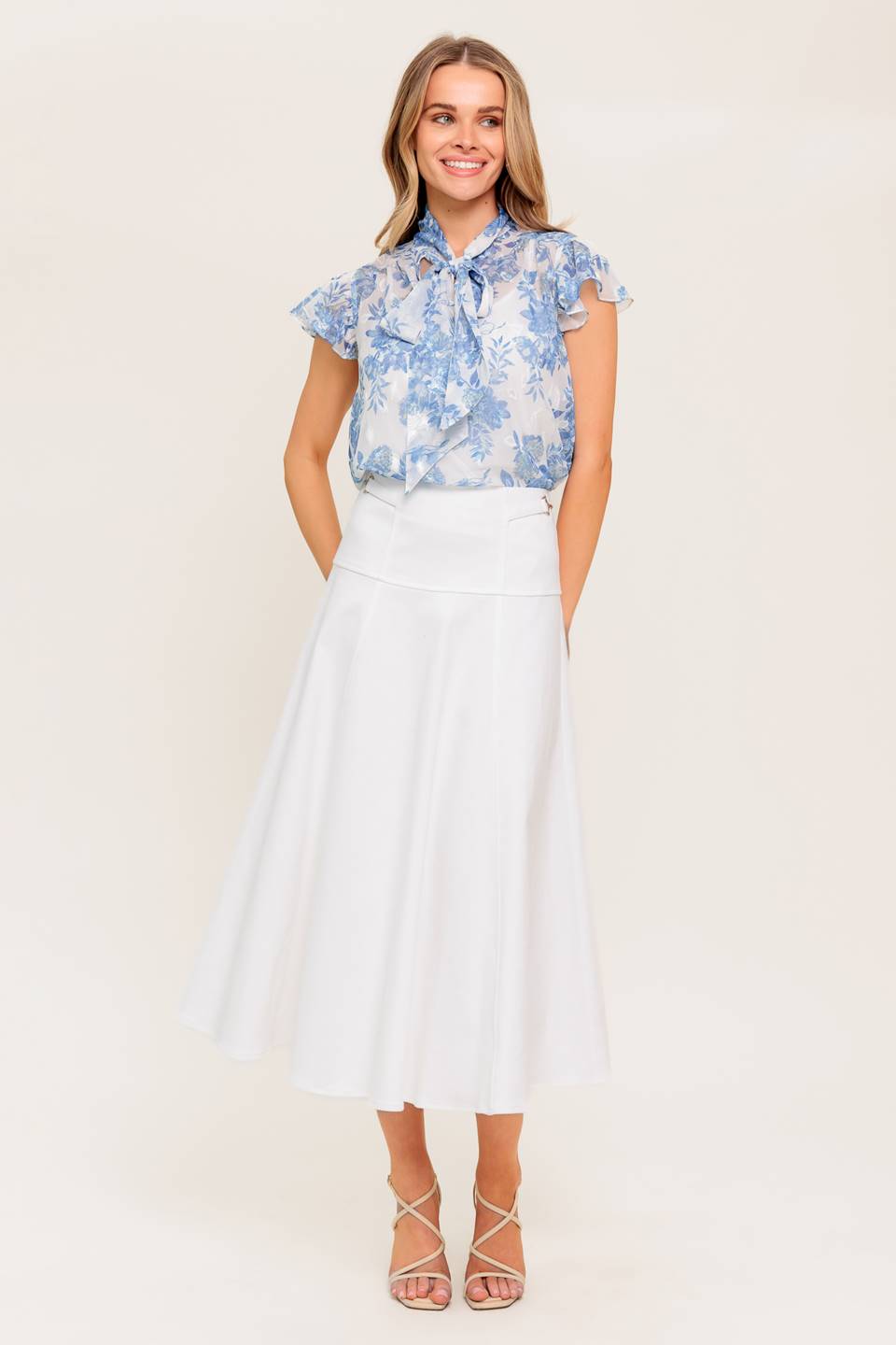 SECRET CHARM WHITE DENIM WOVEN MIDI SKIRT - MaraFormigone