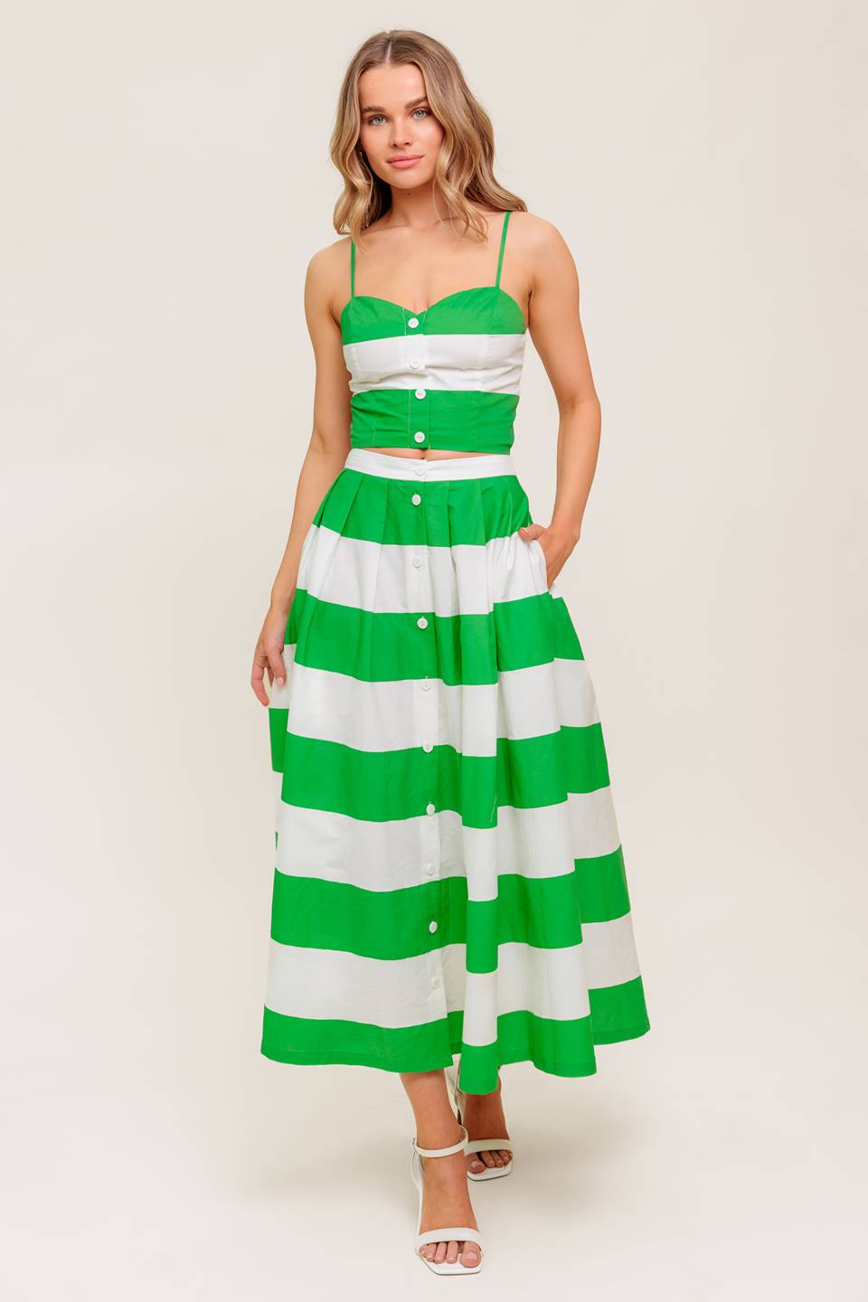 INFINITE FLARE GREEN WOVEN TOP AND SKIRT SET - MaraFormigone