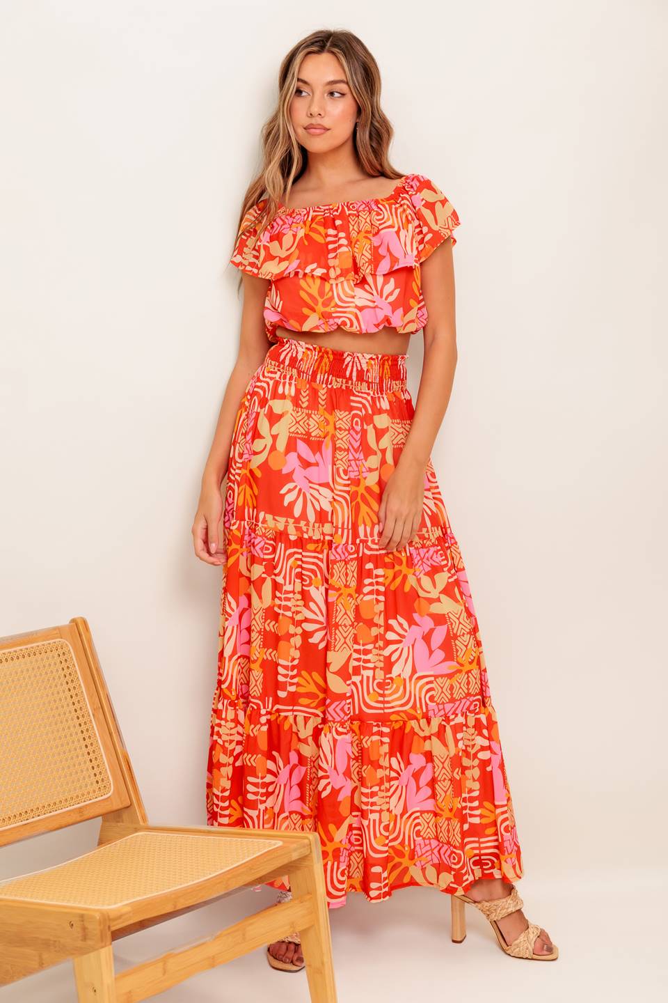 FAINT SUNBEAM RED WOVEN TOP AND SKIRT SET