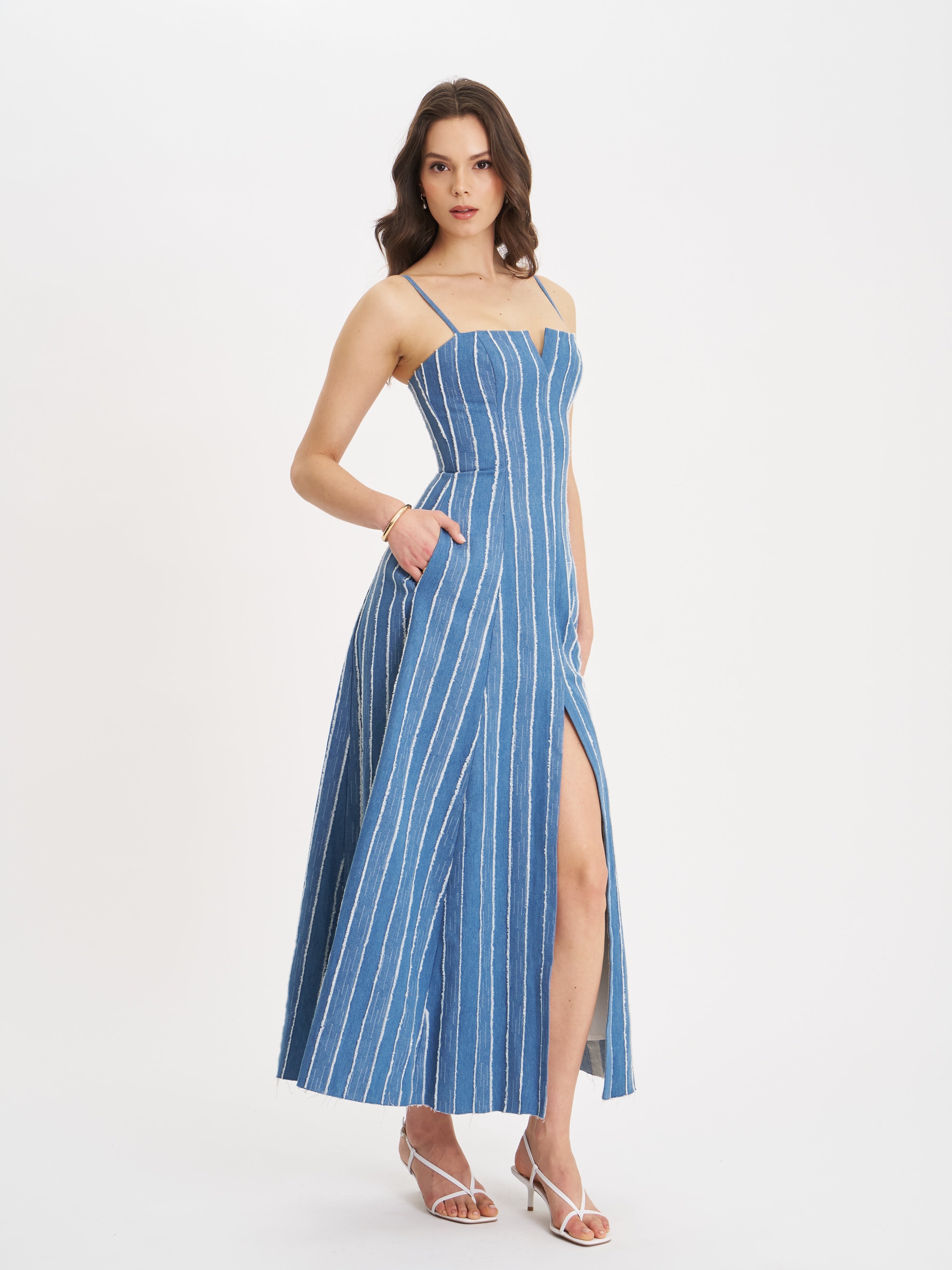 Abygail Stripe Cotton Denim Maxi Dress