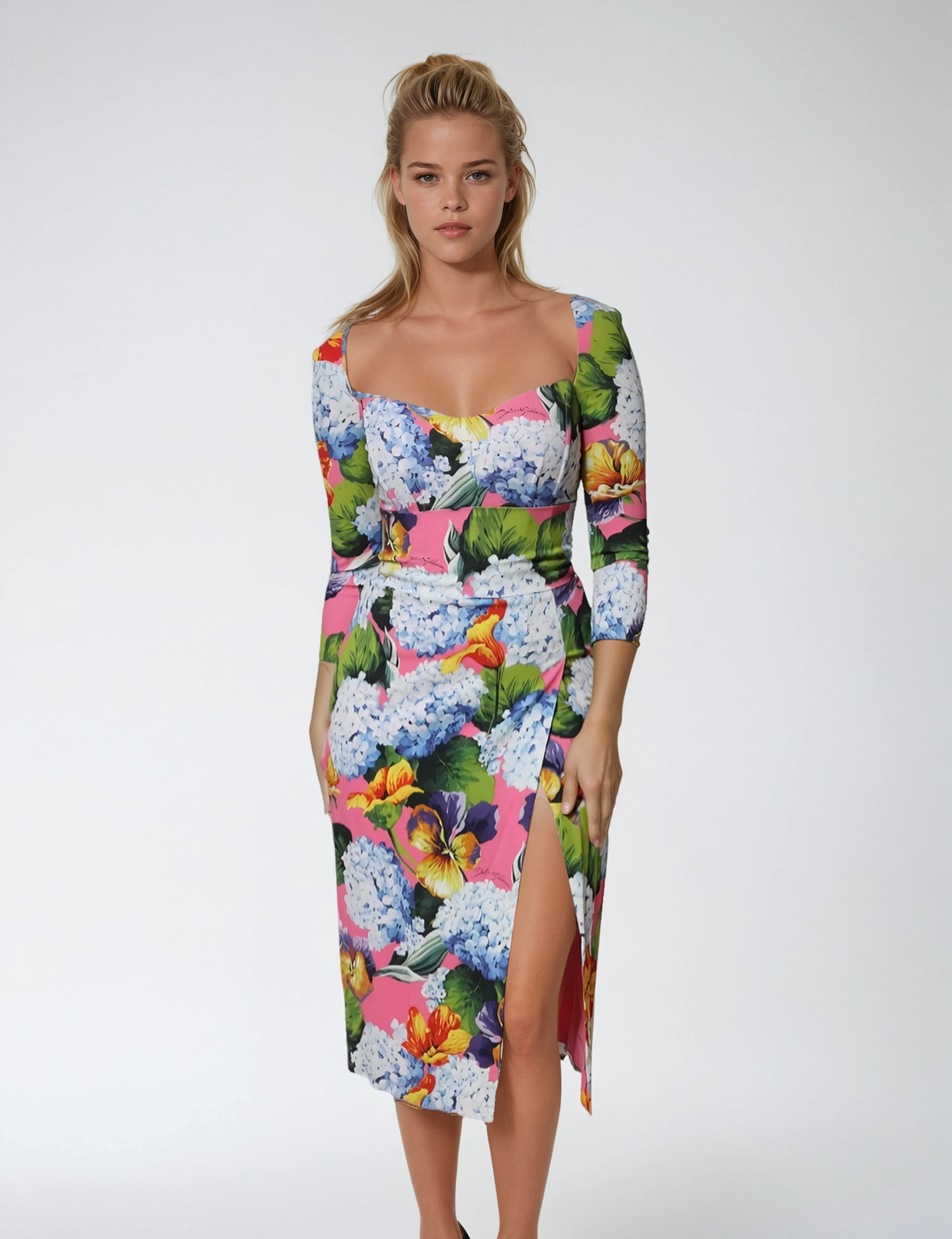 Dolce & Gabbana Multicolor Floral Side Slit Midi Dress.