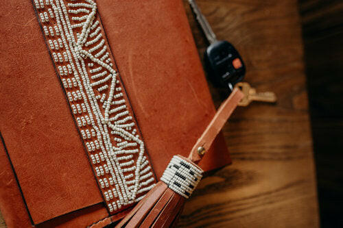 Beaded Leather Tassel Fob.