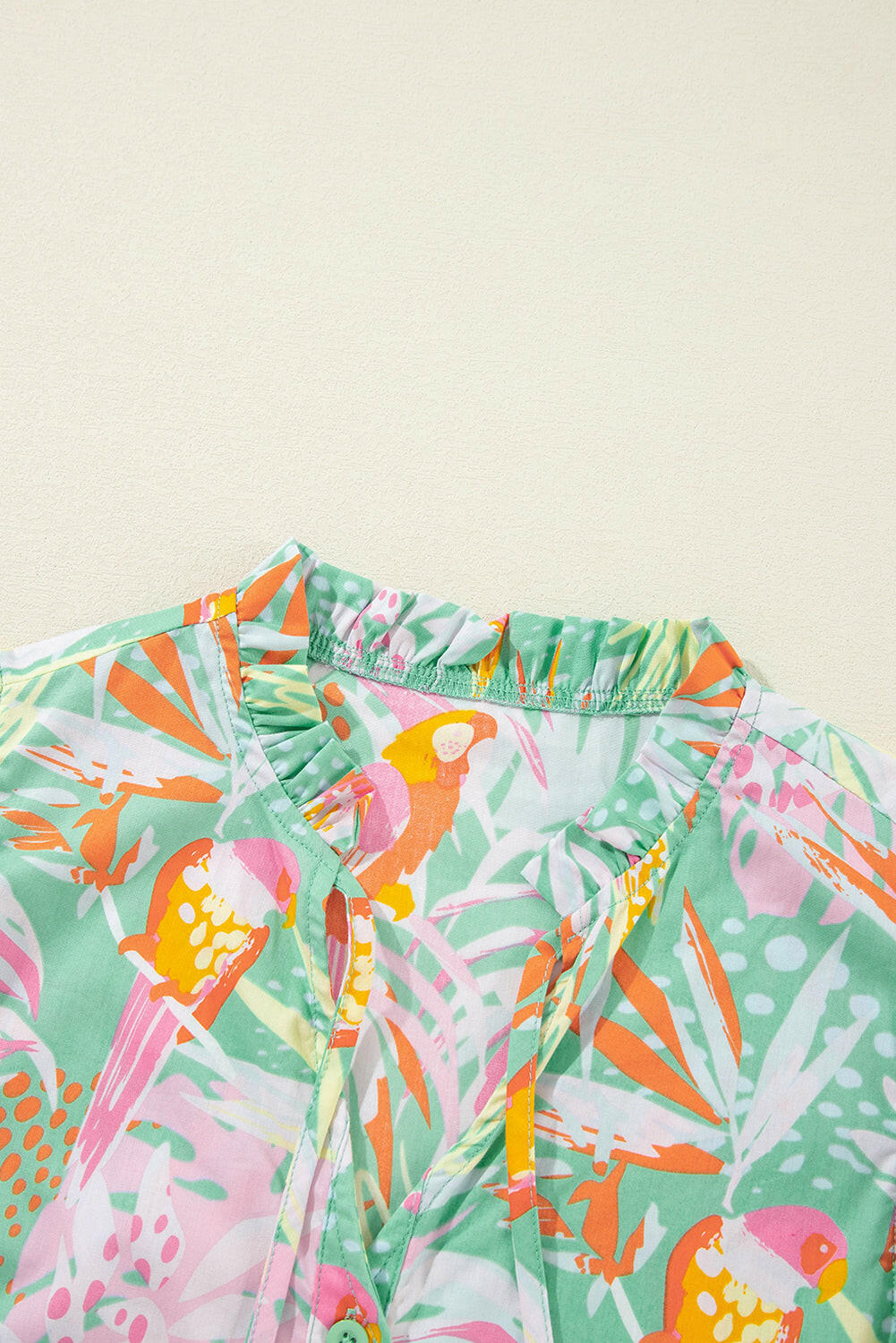 Luxury Abstract Floral Ruffle Trim Flutter Sleeve Buttoned Dress.