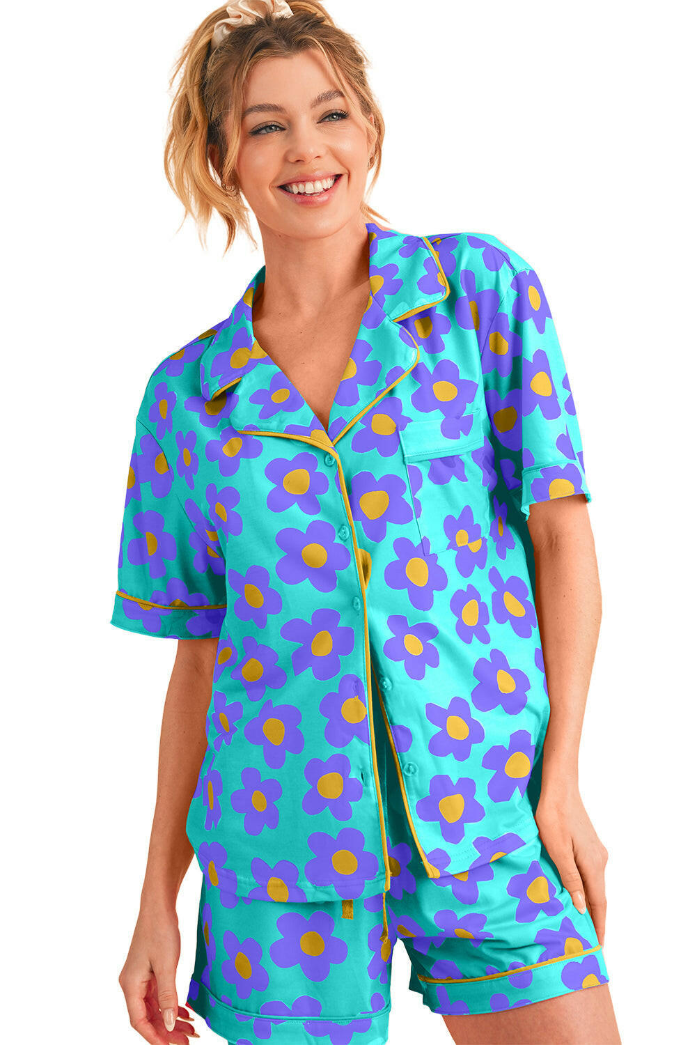 Luxury Flower Print Buttoned Shirt And Drawstring Waist Pajama Set.