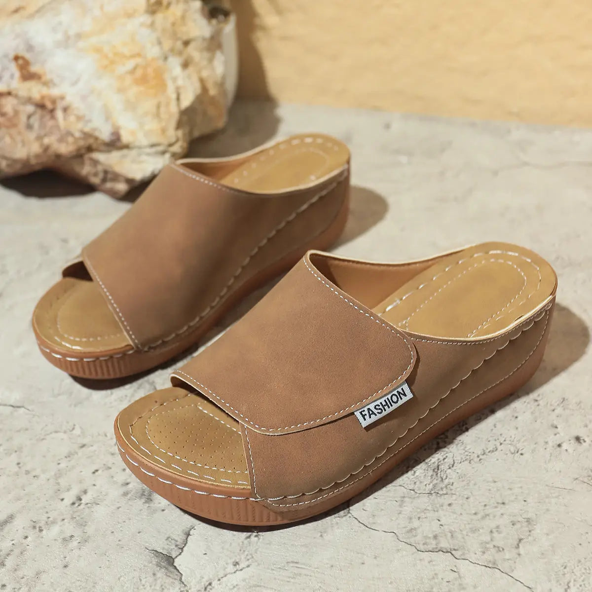 Summer Wedge Slides Slippers Fashion Fish Mouth Thick Bottom Roman Shoes Solid Color Beach Sandals For Women - MaraFormigone