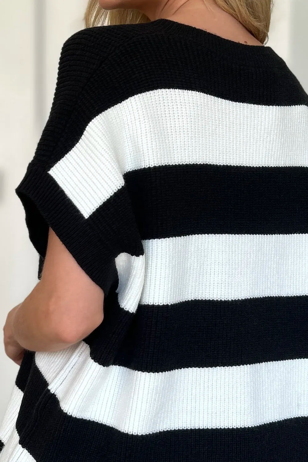 Double Take Full Size Striped V-Neck Short Sleeve Sweater.