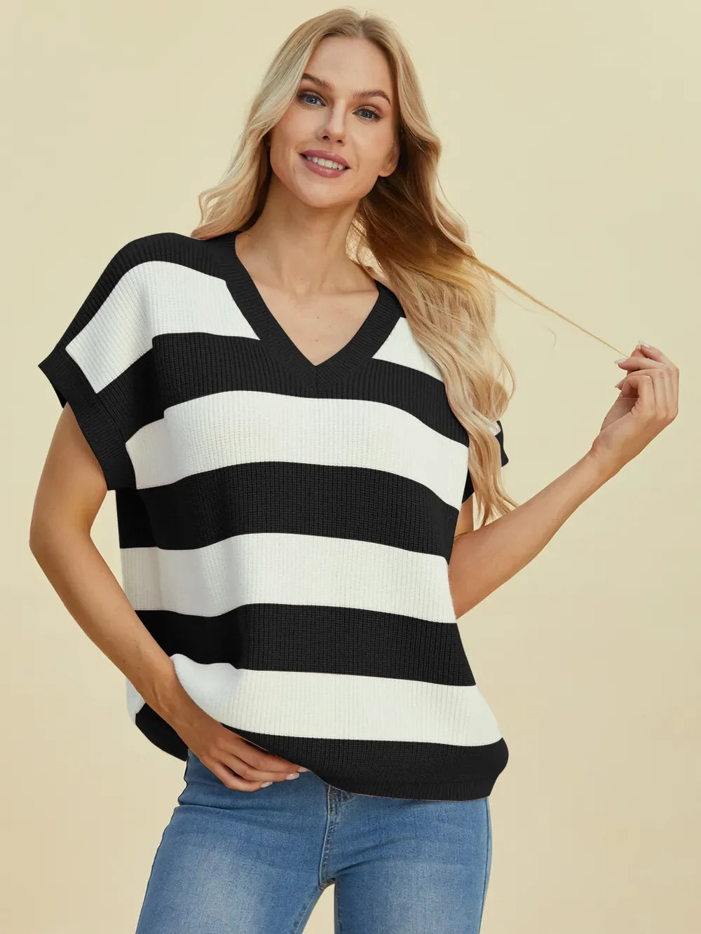 Double Take Full Size Striped V-Neck Short Sleeve Sweater.