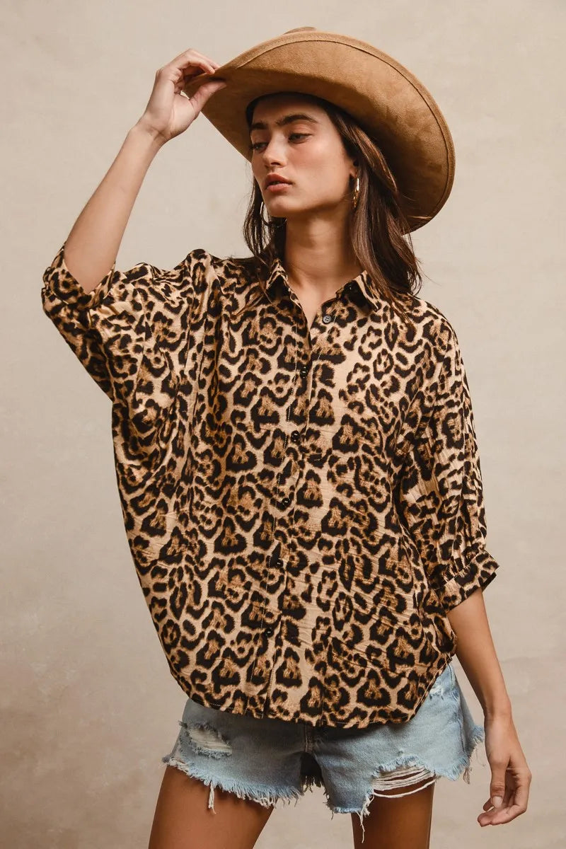 BiBi Leopard Prints Overseized Short Sleeves Top.