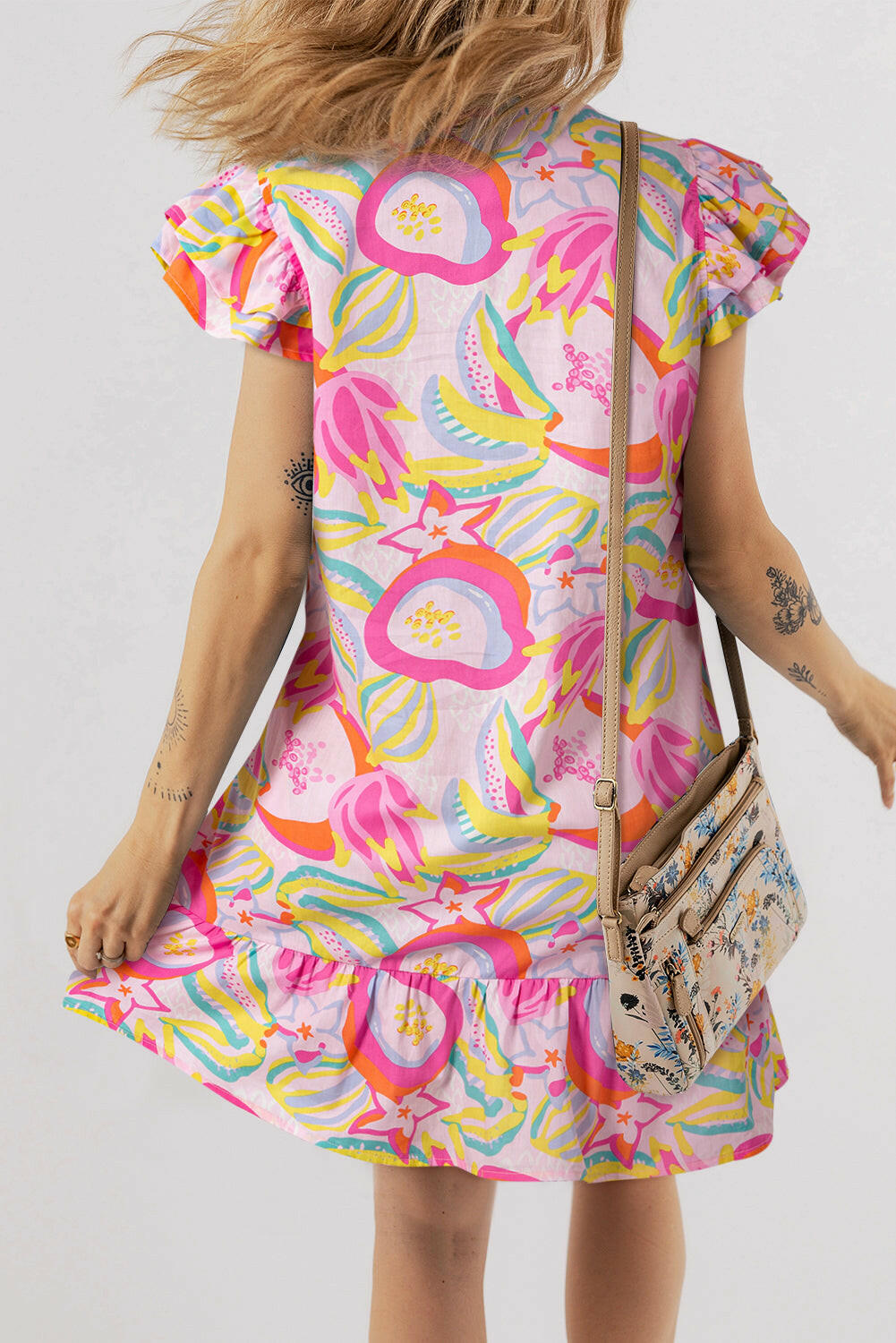 Luxury Abstract Floral Ruffle Trim Flutter Sleeve Buttoned Dress.