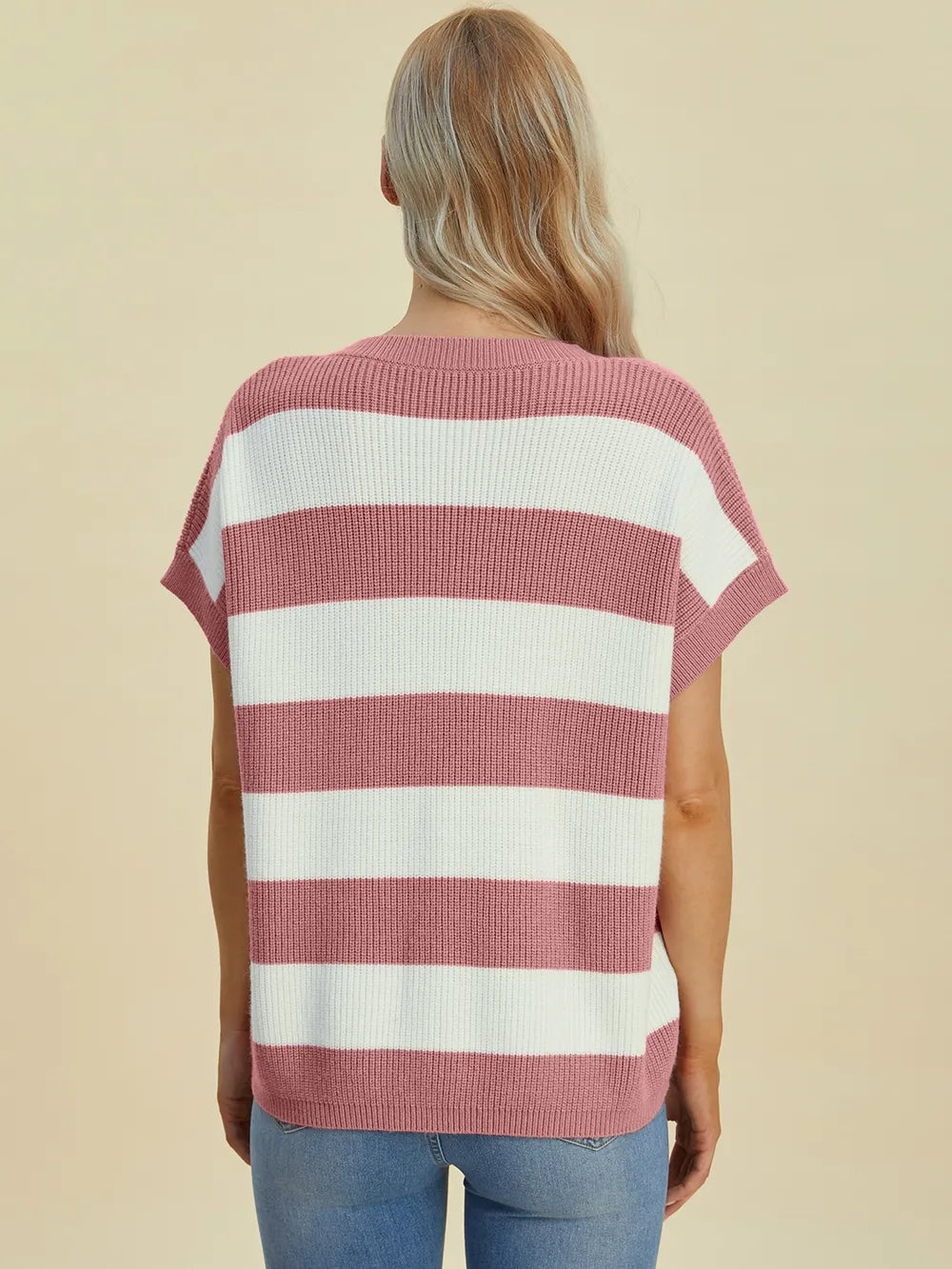 Double Take Full Size Striped V-Neck Short Sleeve Sweater.