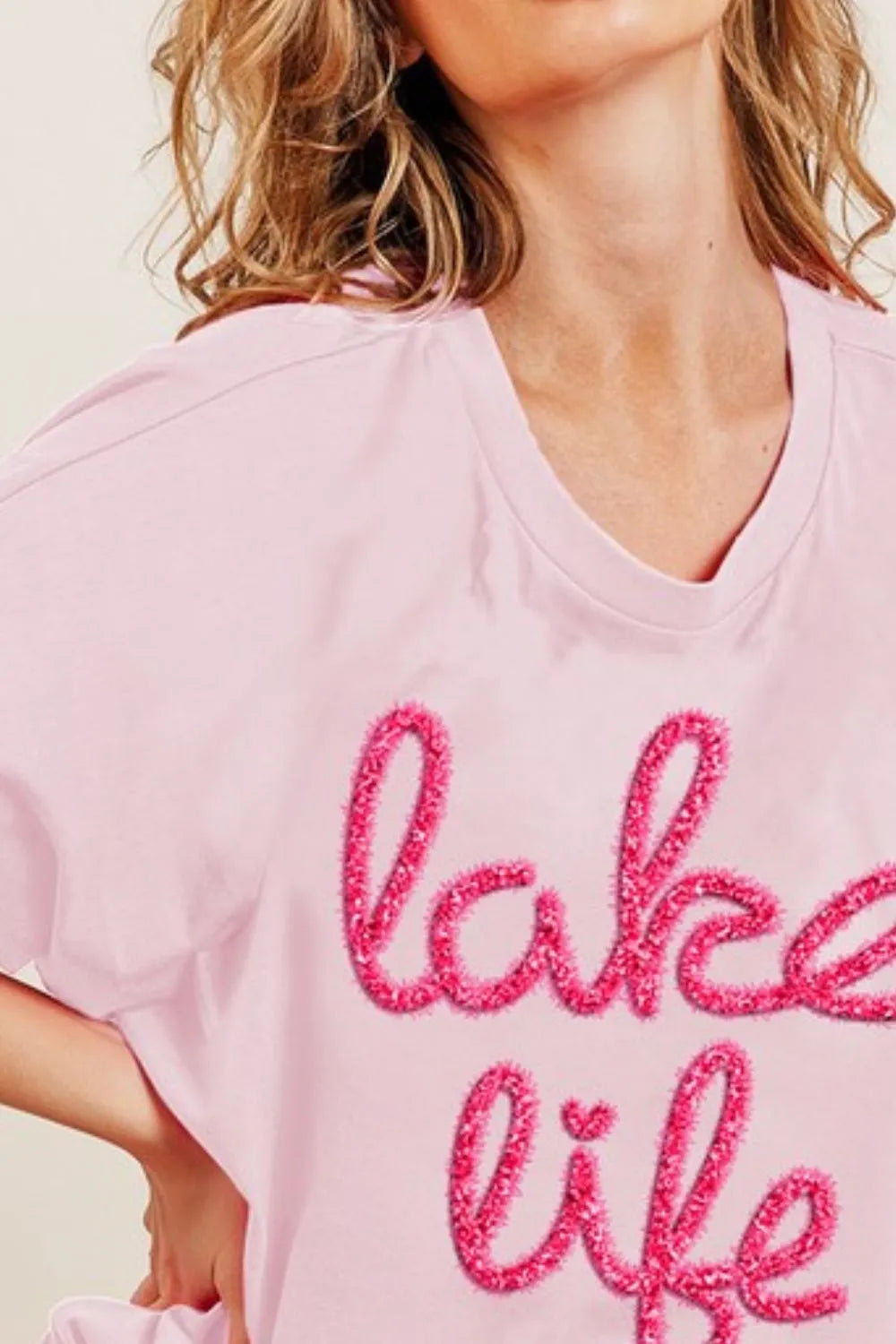 BiBi Metallic Letter Short Dolman Sleeve Top in Blush.