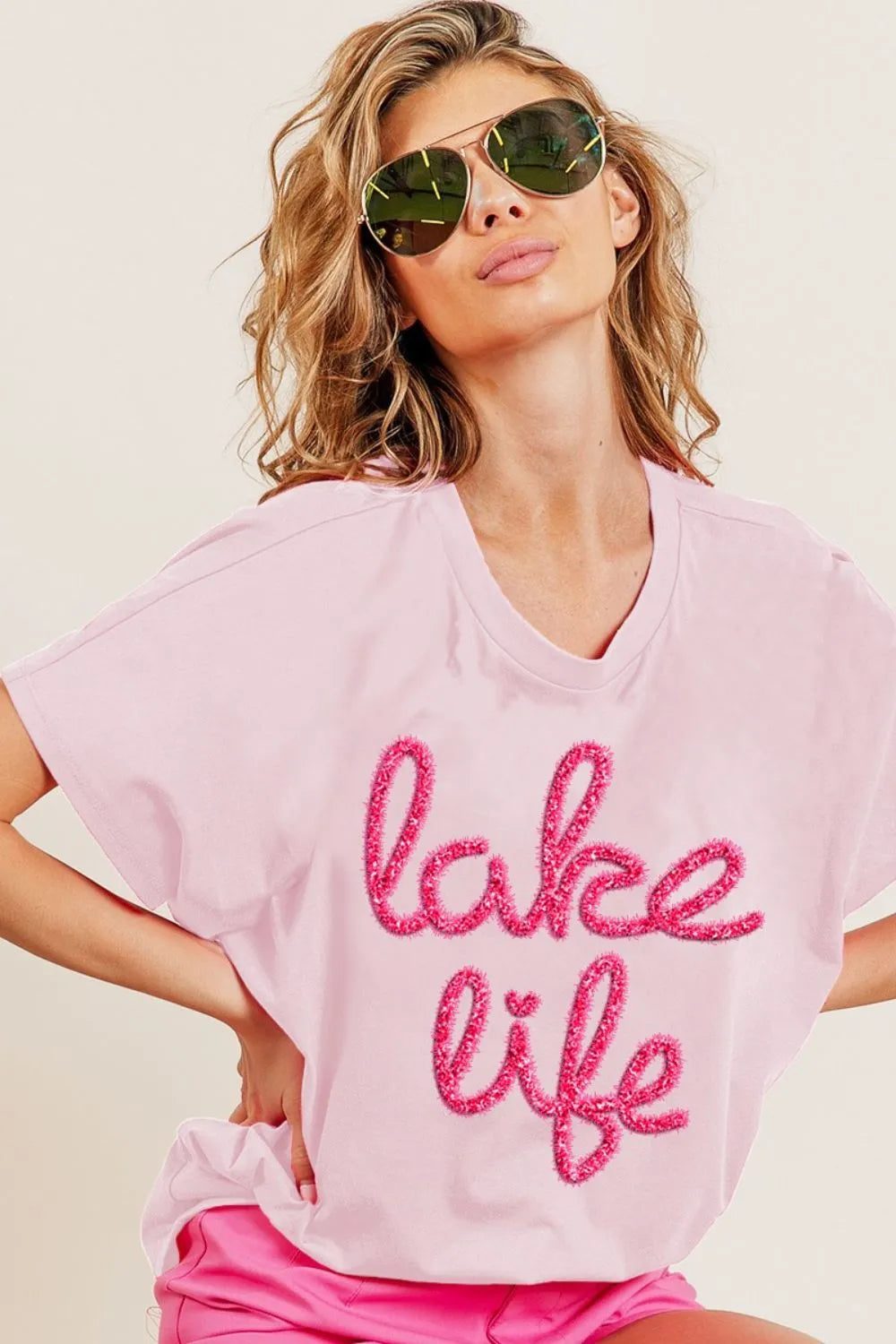 BiBi Metallic Letter Short Dolman Sleeve Top in Blush.