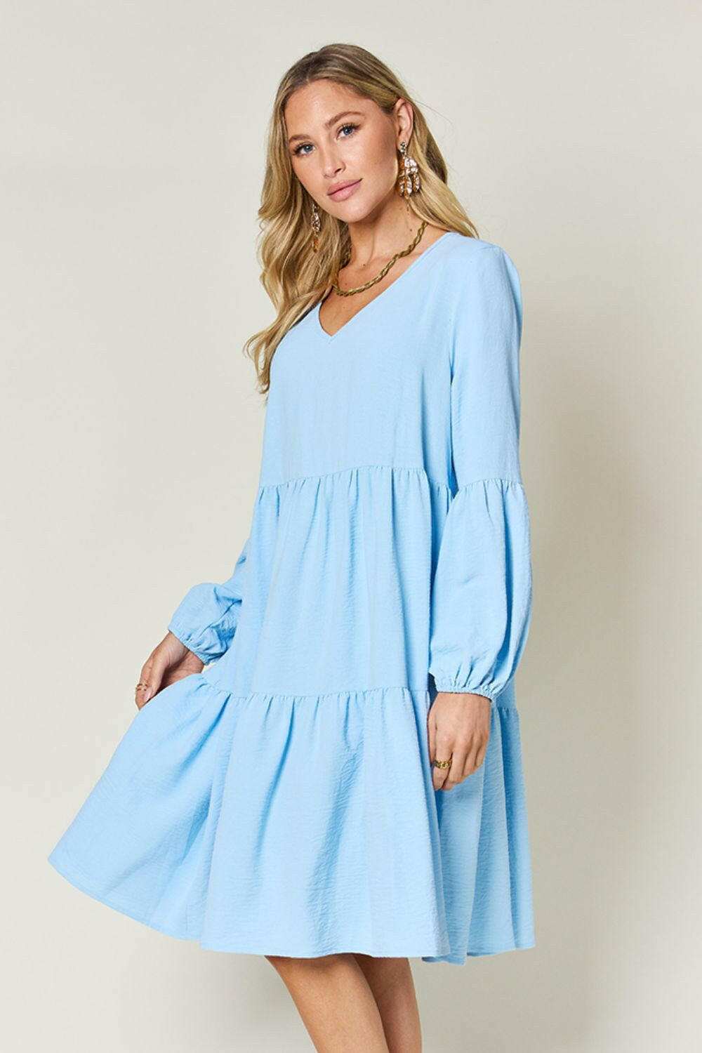 Double Take Full Size V-Neck Balloon Sleeve Tiered Dress - MaraFormigone